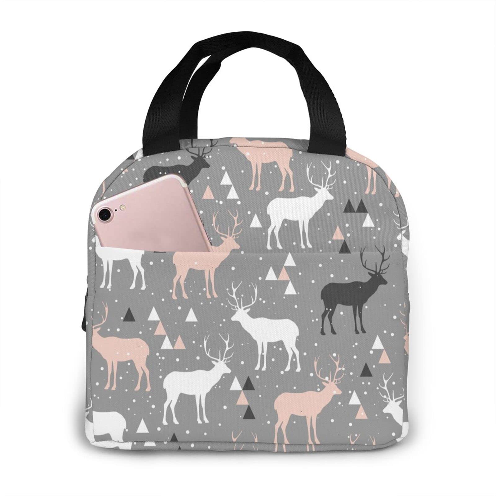 Insulated Deer Christmas Lunch Bag Tote for Women & Men - Reusable Lunch Box Container for Office, School, Picnics & Outdoor Activities