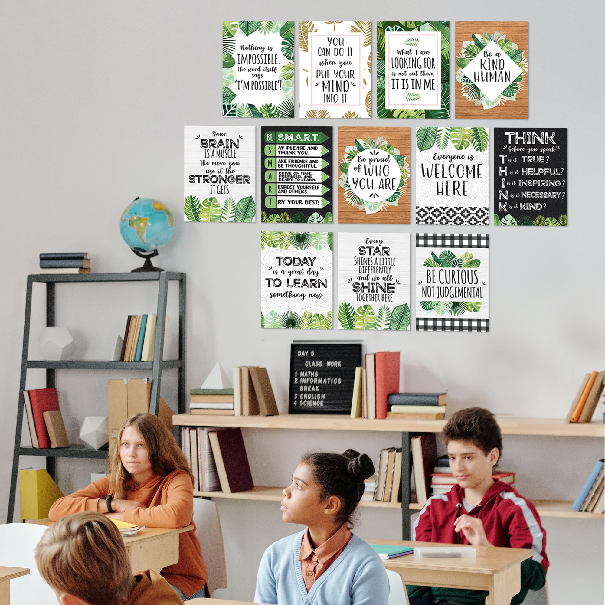 Wallbuddy Set of 12 Motivational Quotes Wall Art - Farmhouse Style Inspirational Home Decor for Women | Unframed Positive Affirmation Botanical Prints with Green Leaf Design | Perfect for Bathroom, Bedroom & Office Wall Decor (12X16 Inches)