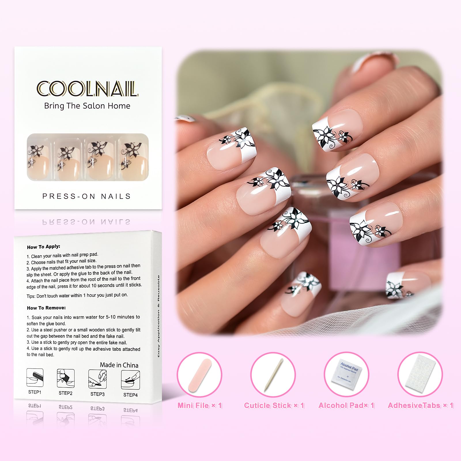 24pcs French Lily Flower Press on Nails - Soft Gel Glossy Natural Nude Fake Nails for Women, Reusable Stick on Acrylic Nails with Glue Kit | Perfect for Weddings, Parties & Everyday Wear