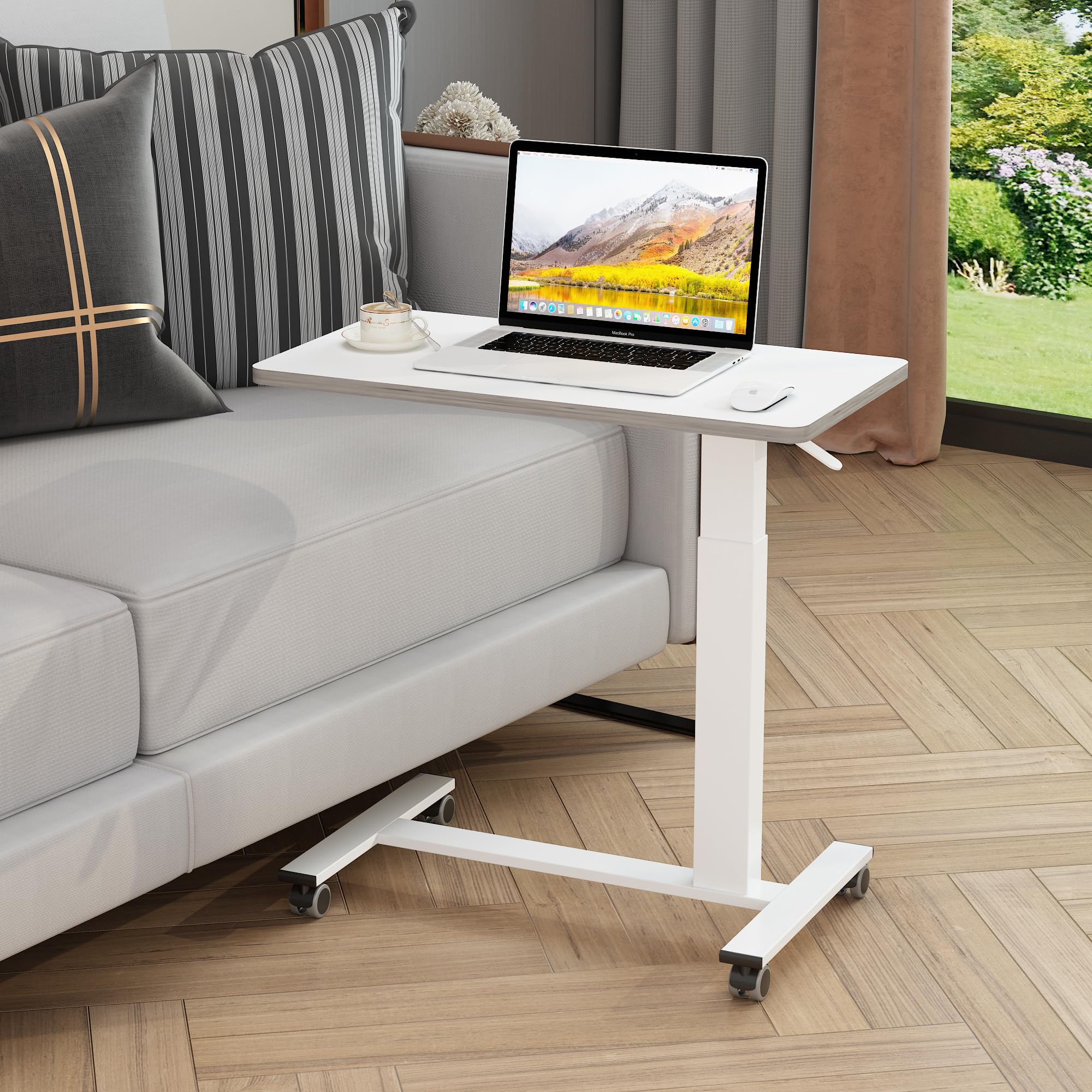 TigerDad Adjustable Overbed Table with Gas Spring - Height Adjustable Medical Bedside Table with Wheels | Portable Standing Desk for Laptop, Reading & Eating - Perfect for Hospital, Home & Office Use