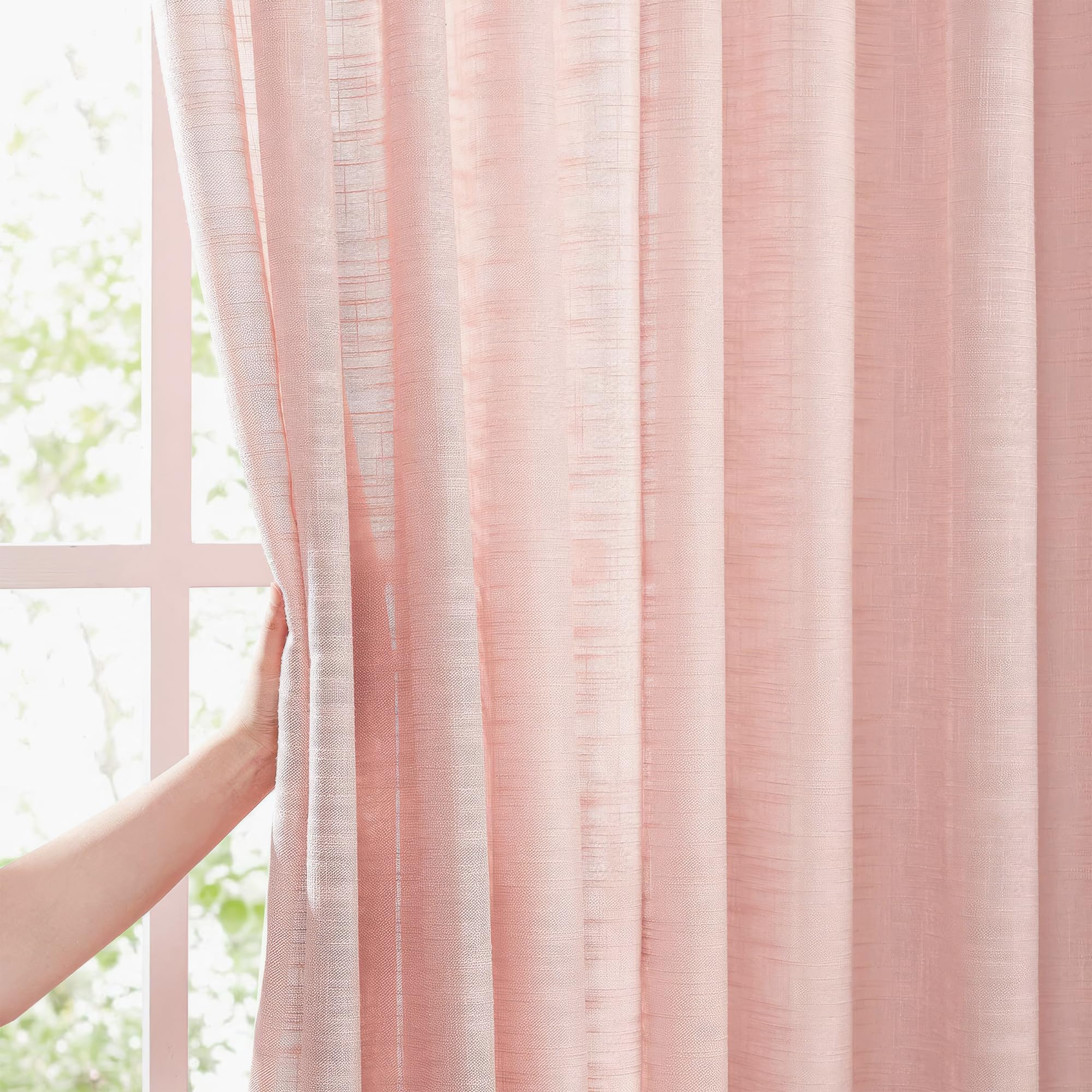 FMFUNCTEX Semi-Sheer Linen Curtains - Blush Pink Textured Window Drapes (63