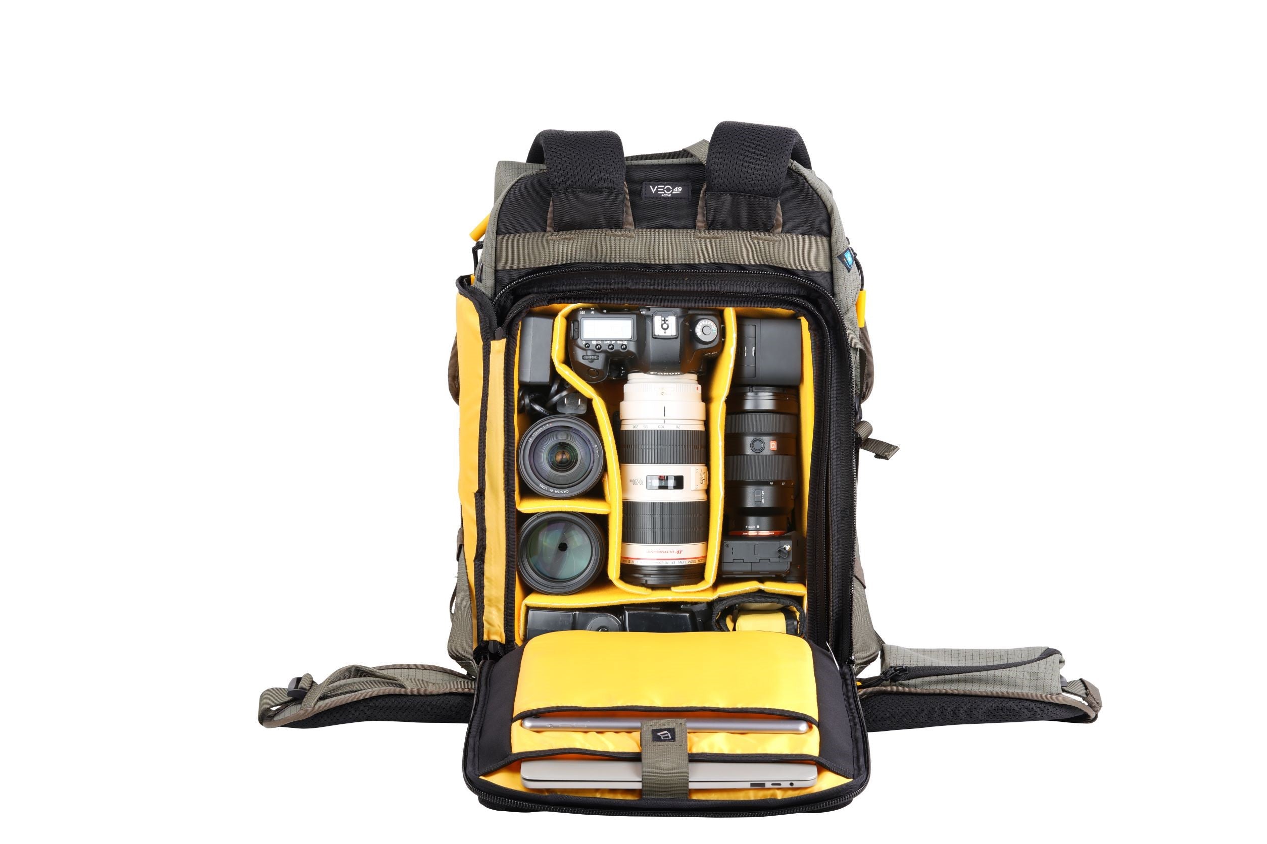 VEO Active 49 Khaki Green Camera Backpack with USB Charger Port - Waterproof DSLR Bag for Travel, Hiking & Photography Accessories Storage