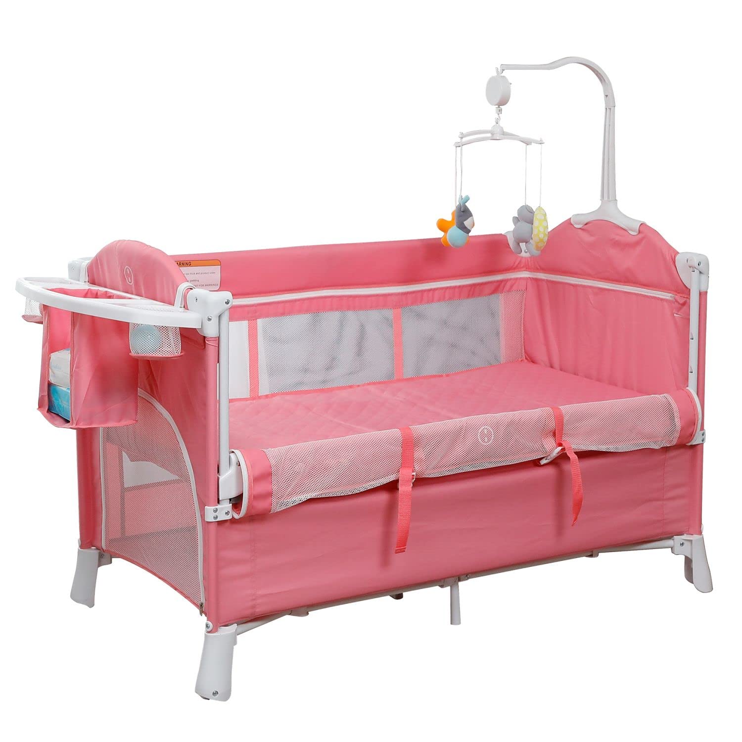 FAMAPY 5-in-1 Portable Baby Bassinet with Changing Station, Storage & Wheels - Adjustable Bedside Sleeper with Soothing Music & Bells - Travel Crib for Newborns & Infants (Pink, 49.6”W x 27.6”D x 29.9”H) - Perfect for Nursery, Bedroom Co-Sleeping & Family Travel