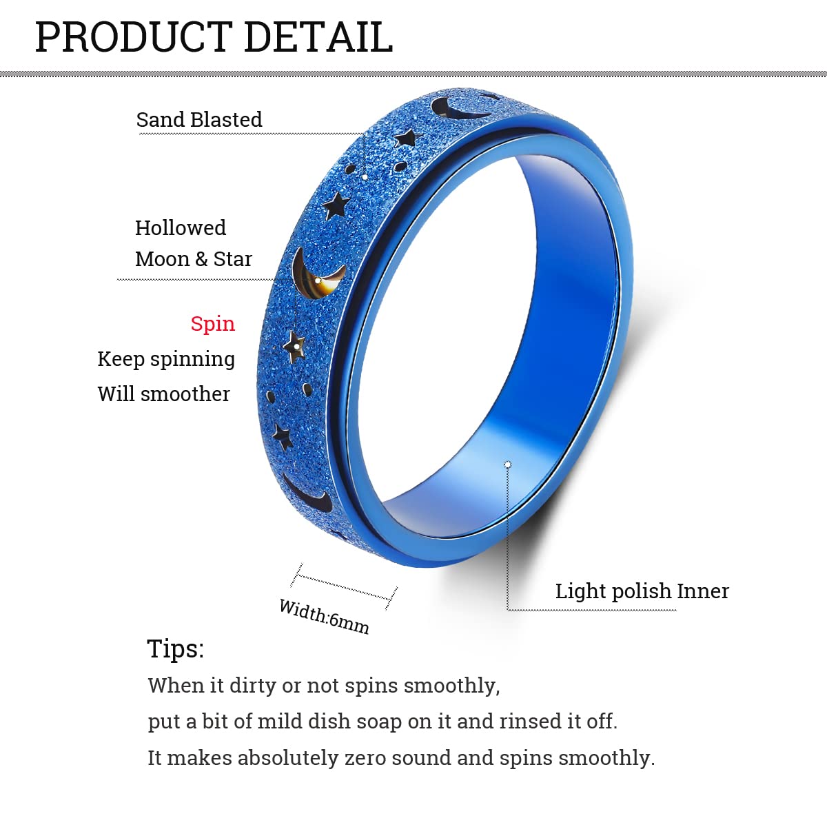 OreilleStar Anxiety Relief Spinner Ring for Women & Adults - Stainless Steel Fidget Ring with Moon & Star Design (Size 8, Blue) - Perfect for Stress Relief, Anxiety Management, and Focus Enhancement