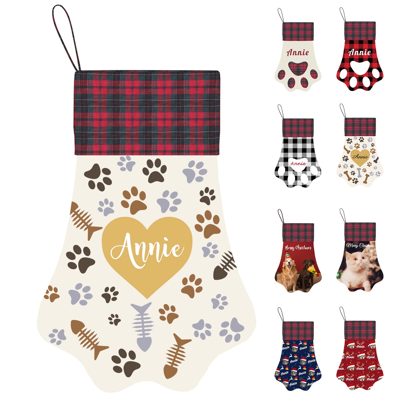 **Custom Personalized Christmas Stockings for Dogs & Cats - Large 17 Inch Paw Shape Pet Stocking with Name & Photo - Handmade Xmas Hanging Candy Bag for Holiday Decor & Gift Giving**