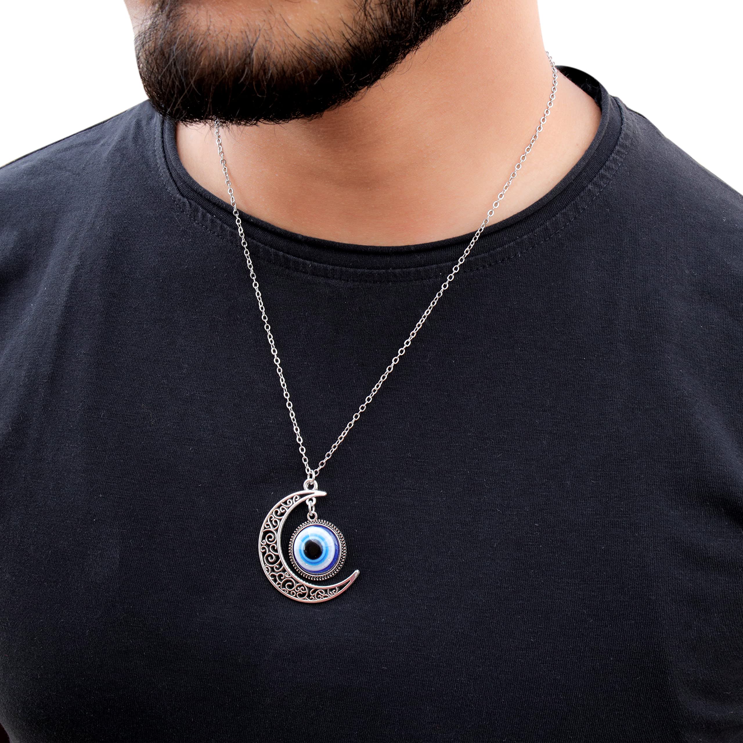 Exclusive Moon Evil Eye Silver Plated Chain Necklace for Women, Men & Teens - Fashion Jewelry Gift for Birthday, Party & Everyday Wear