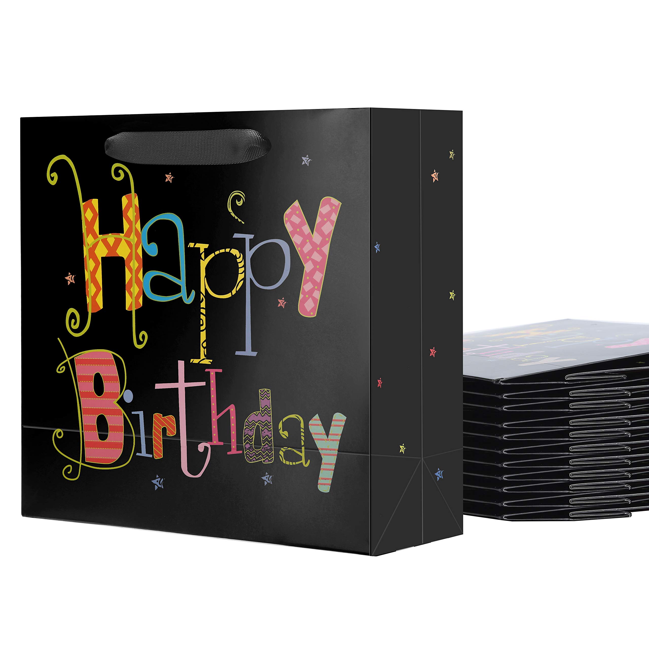 12 Pack Black Gift Bags with Handles 10x4.5x11 Inches - Medium Birthday Party Favor Bags for Adults, Kids & Newborns - Perfect for Baby Showers, Christmas & Holiday Gift Wrapping
