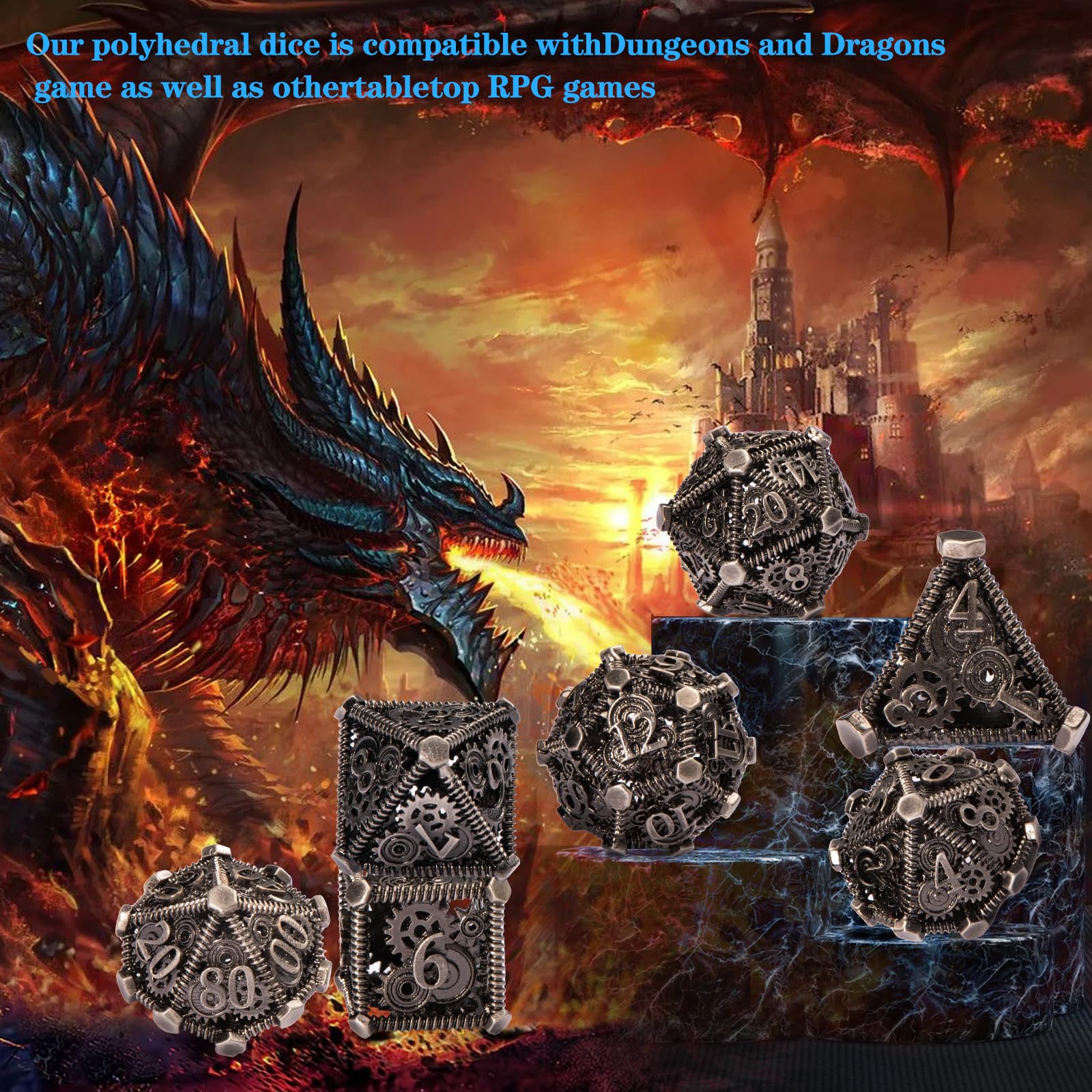 UBEUCK 7-Piece Metal D&D Dice Set - Ancient Nickel Gear Style for Dungeons & Dragons RPG Games | Perfect for Tabletop Gaming, D&D Campaigns & Collector's Display