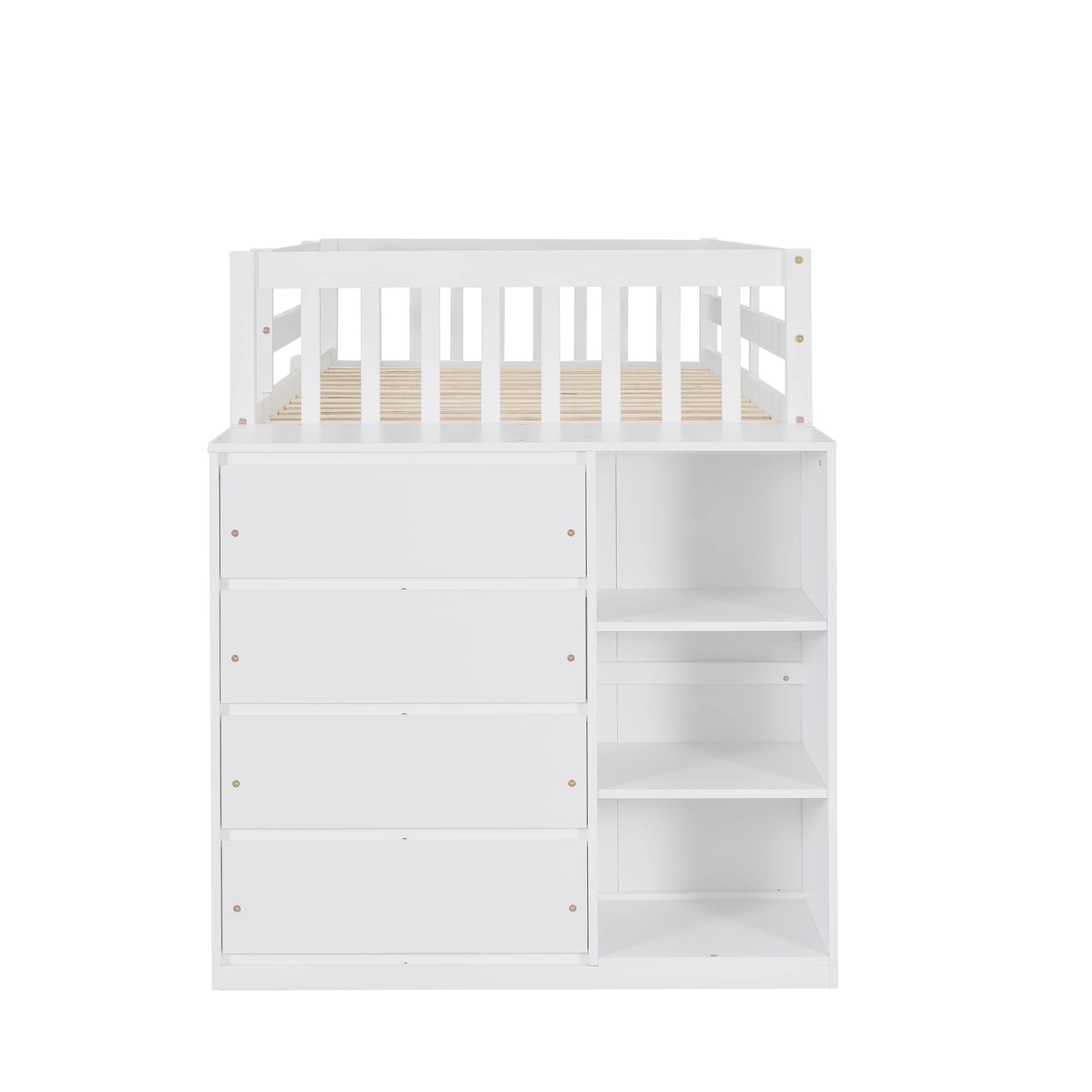 Twin Over Twin Bunk Bed with Storage - Solid Wood Bunk Bed with 4 Drawers & 3 Shelves - Low Profile Bunk Bed for Kids, Teens & Adults - Perfect for Small Bedrooms, Guest Rooms & Vacation Homes (White)