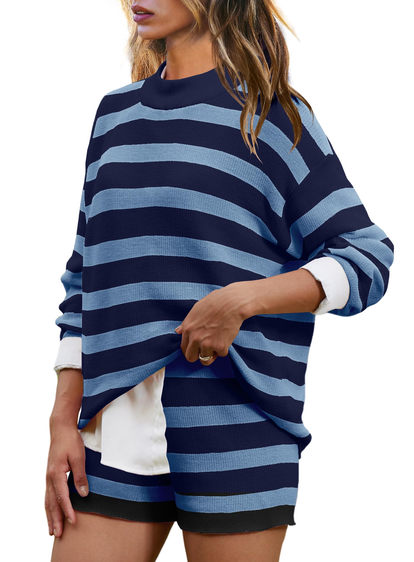 Yanekop Women's Striped Sweater & Shorts Lounge Set - Oversized 2 Piece Pajama Set with Long Sleeve Tunic - Cozy Matching Outfit for Home, Sleepwear & Loungewear