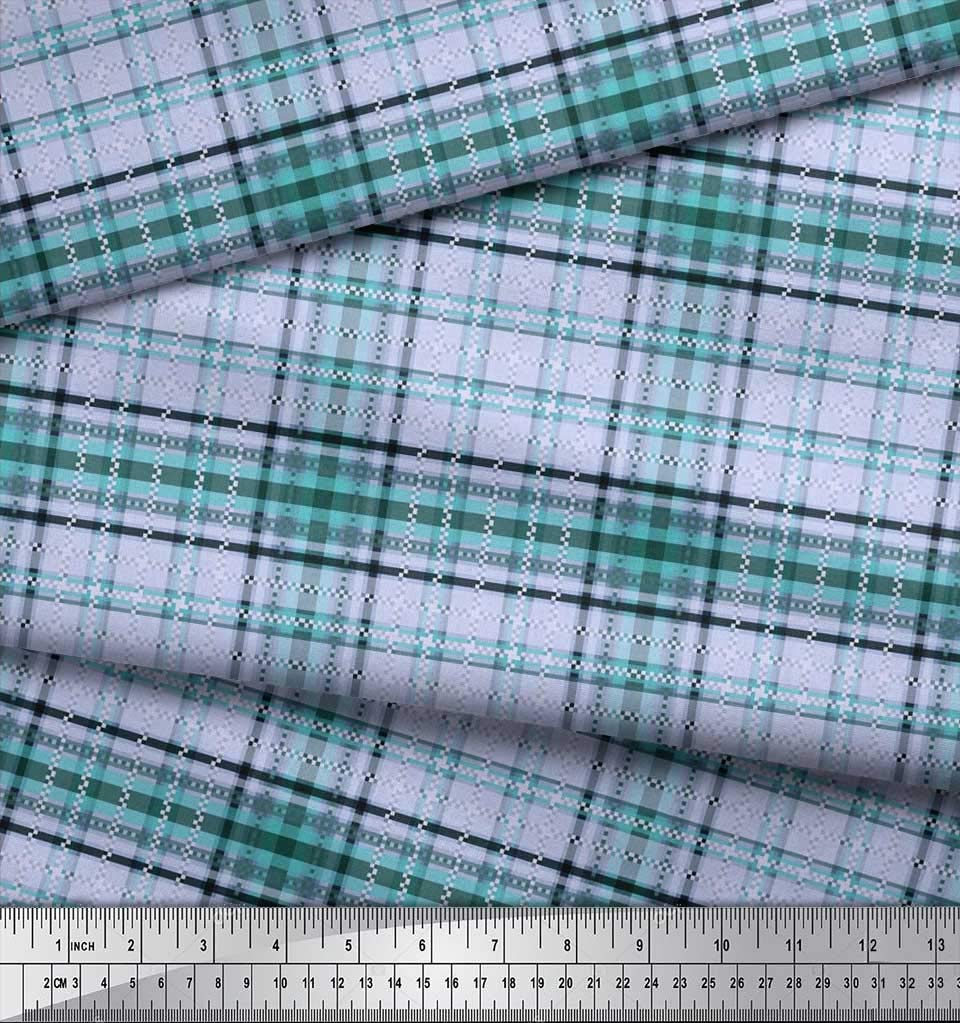 Soimoi Velvet Blue Fabric by The Yard - 58 Inch Wide - Window Pane Check Serenity - Timeless Printed Velvet Fabric for Curtains, Upholstery & Home Decor