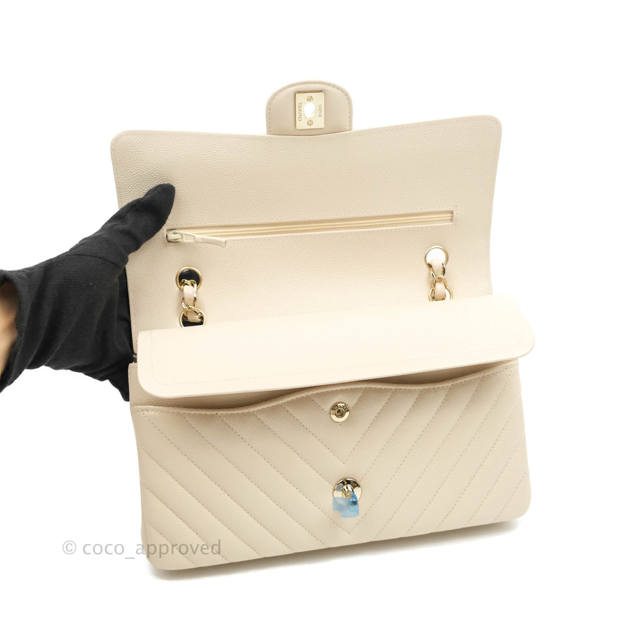Chanel Classic Medium Double Flap Bag - Chevron Light Beige Caviar Leather with Gold Hardware (20B Collection) | Luxury Crossbody Purse for Women, Perfect for Date Nights & Special Occasions
