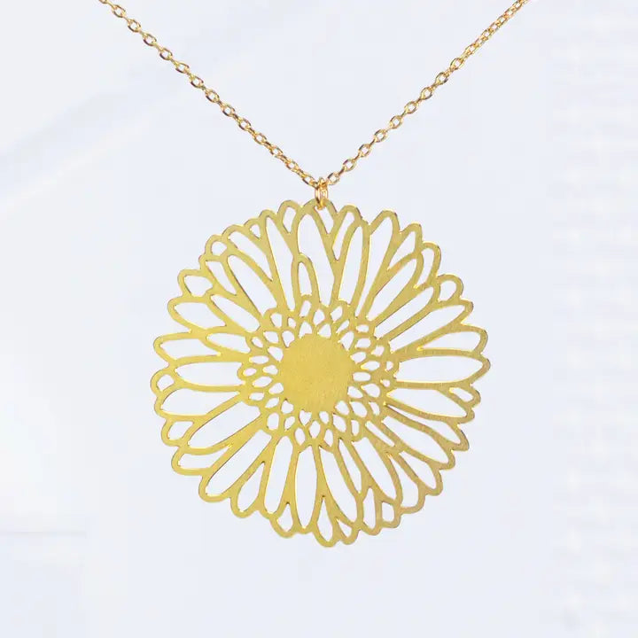 Gerber Daisy Gold Tea Leaf Necklace - Elegant Floral Jewelry for Women | Perfect for Weddings, Parties & Everyday Wear