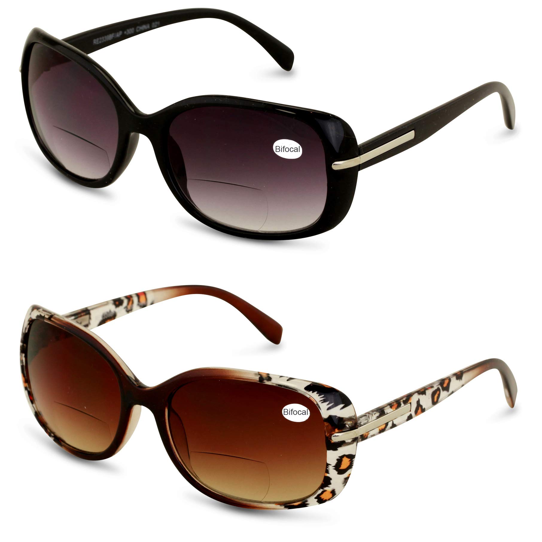 2 Pairs Women's Bifocals Reading Sunglasses - Vintage Reader Glasses with Black & Leopard Frames for Outdoor Reading, Driving & Fashion Accessories