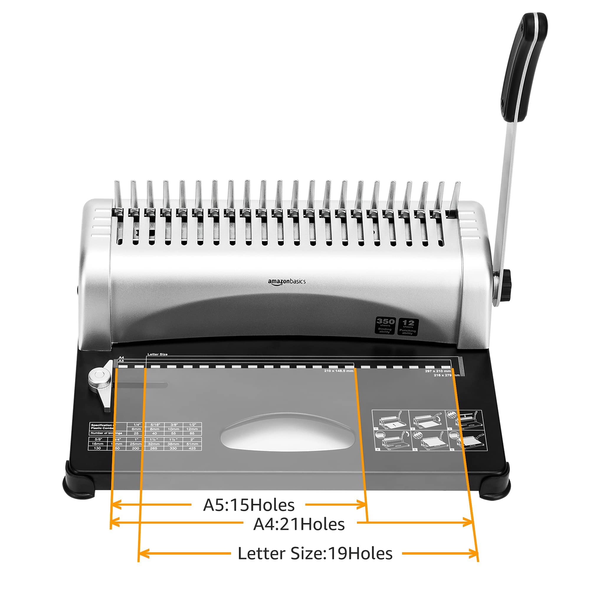 Amazon Basics Comb Binding Machine - 21-Hole, Grey, for Office, School, and Home Document Binding | Perfect for Reports, Presentations, and Booklets
