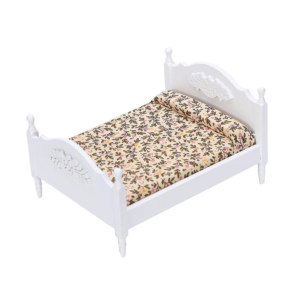 Miniature Wooden Dollhouse Furniture Set - White Double Bed for Kids & Collectors | Perfect for Dollhouse Decor, Playtime & Display