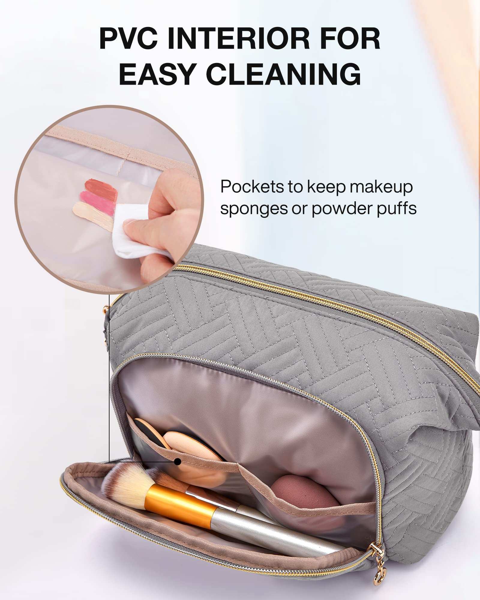 BAGSMART Travel Makeup Bag for Women - Large Cosmetic Organizer Pouch with Wide Opening, Toiletry Case for Brushes & Accessories (Grey) | Perfect for Travel, Gym & Daily Makeup Storage
