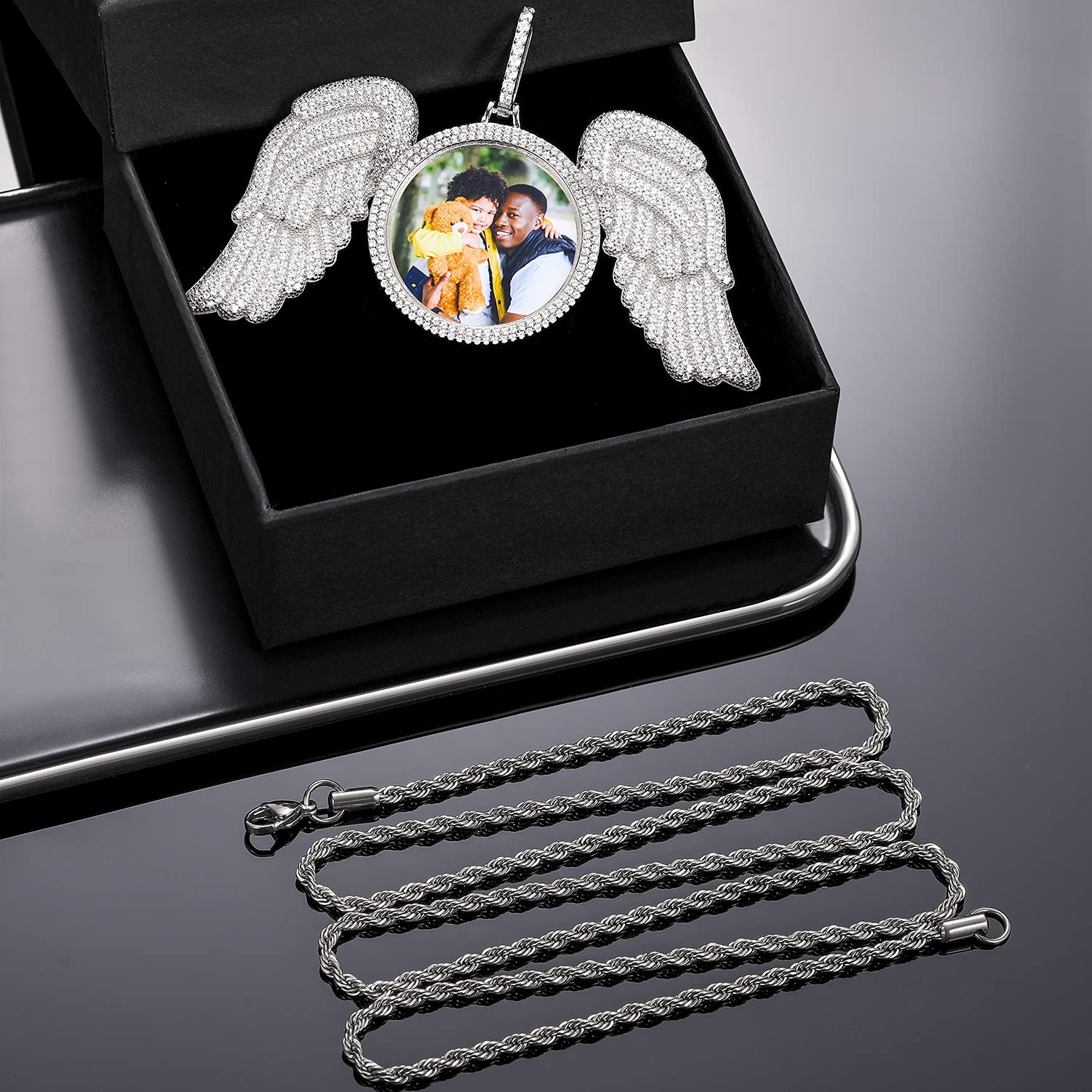 925 Sterling Silver Angel Wings Photo Necklace - Personalized Custom Picture Pendant for Men & Women - Memorial Keepsake Birthday Gift for Her/Him - Perfect for Anniversaries, Valentine's Day & Memorial Jewelry