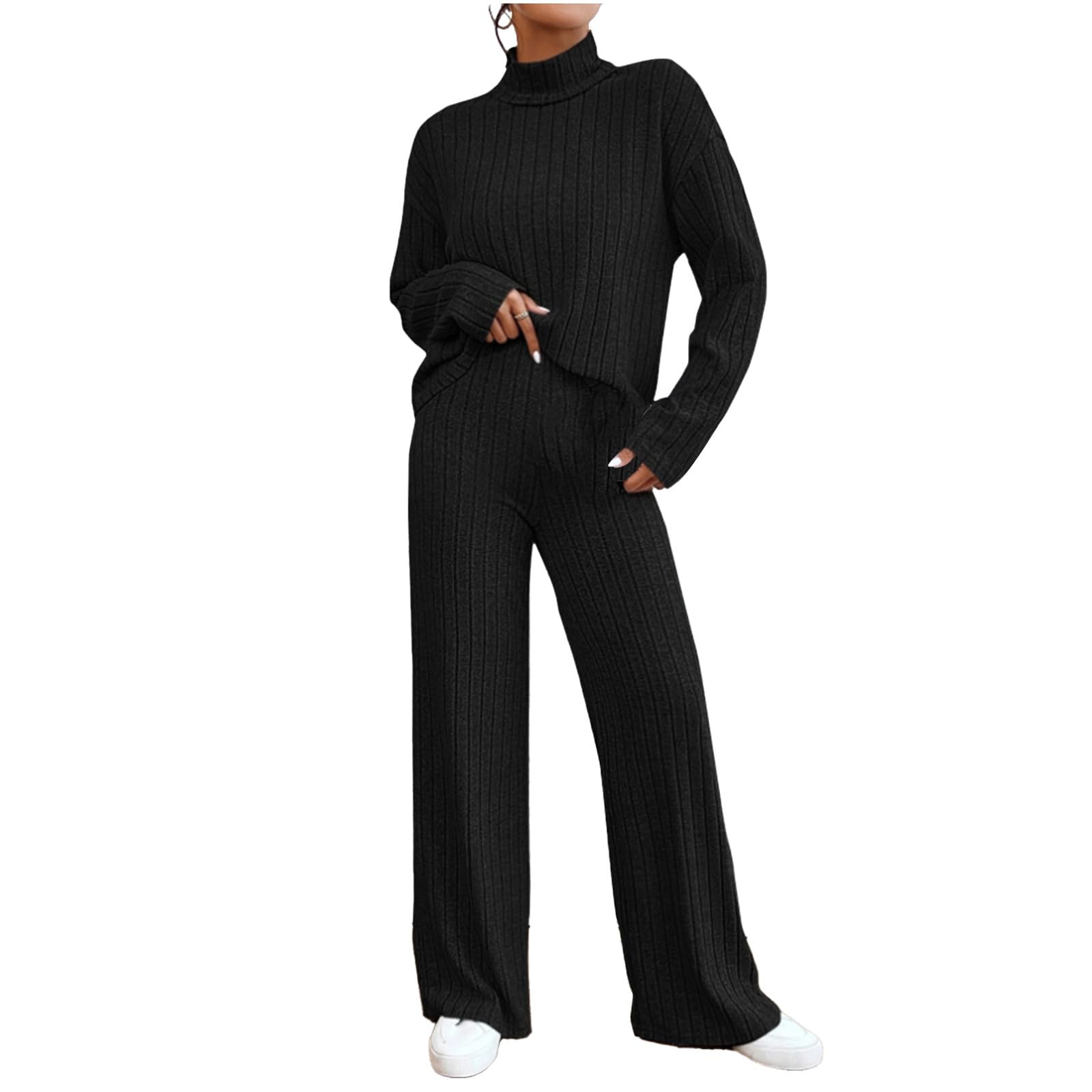 Women's Solid High Neck Pullover Sweater & Wide Leg Lounge Pants Set - Casual Two Piece Outfit for Home, Office & Fall 2024 Fashion