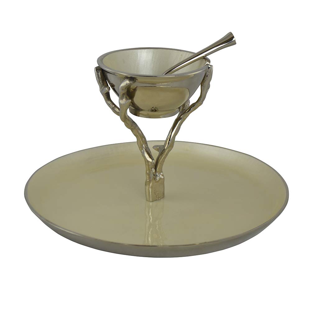 2-Tier Silver Platter Serving Dish - 21x10 Inch Elegant Orchid Design Dessert Stand with Spoon for Parties, Weddings & Afternoon Tea