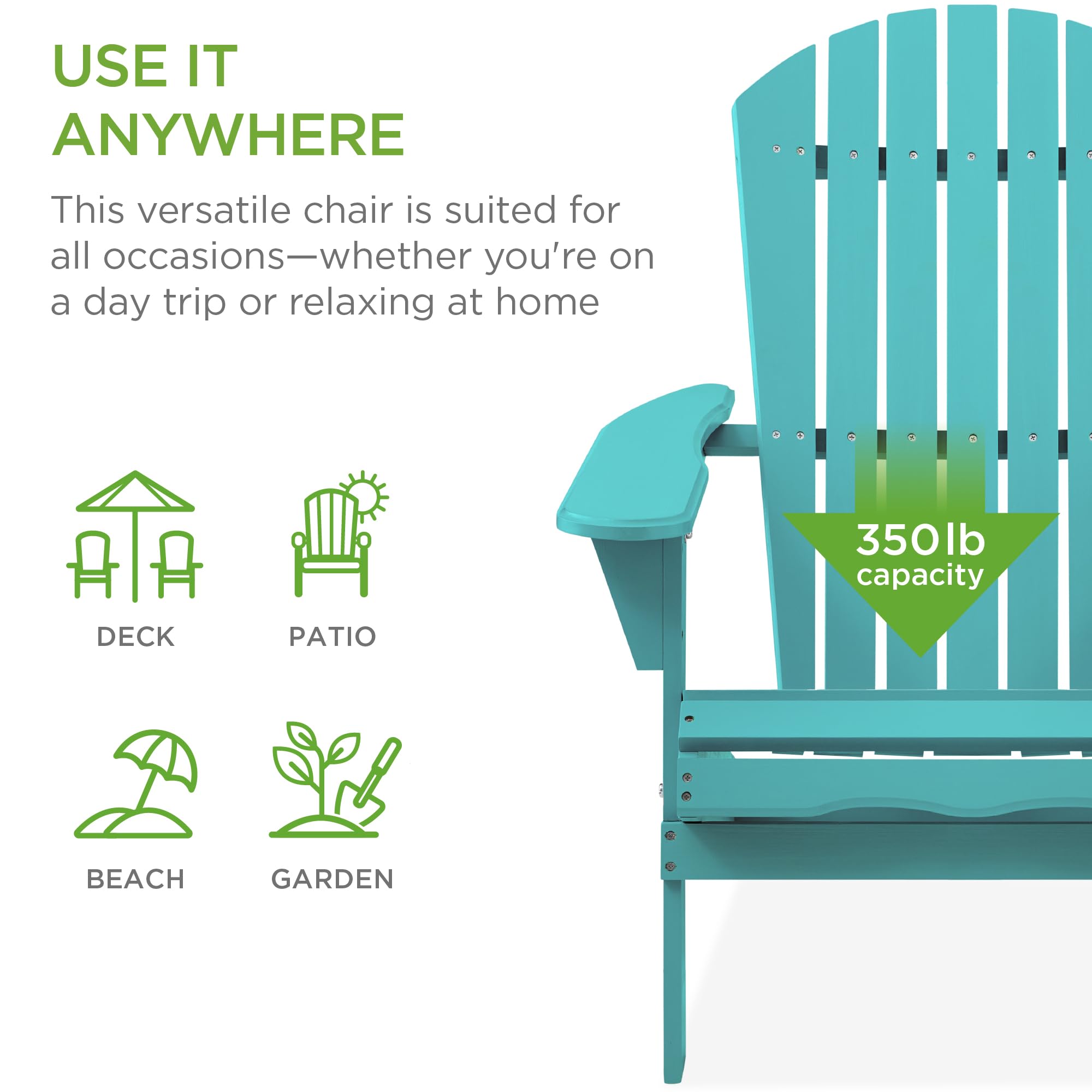 Best Choice Products Folding Adirondack Chair - Outdoor Wooden Patio Furniture with 350lb Weight Capacity, Turquoise - Perfect for Backyard, Garden, Poolside & Fire Pit Relaxation