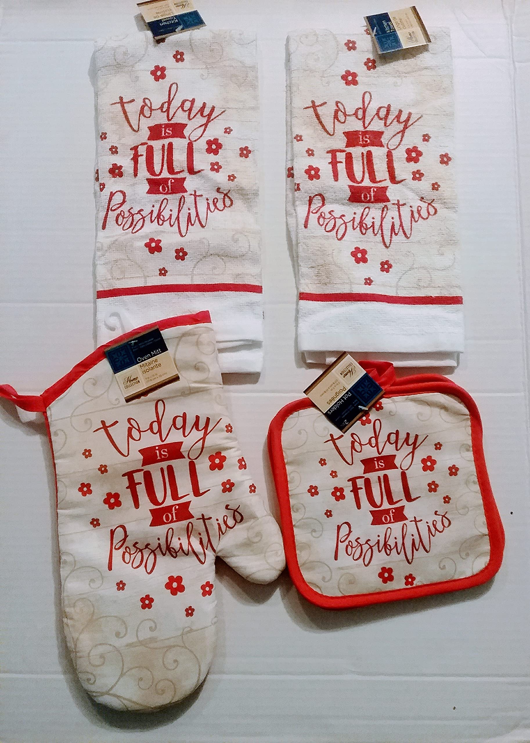 Inspirational 'Today is Full of Possibilities' Kitchen Towel Set (2-Pack) with Oven Mitt & Pot Holders - Motivational Home Decor for Cooking & Baking Gifts