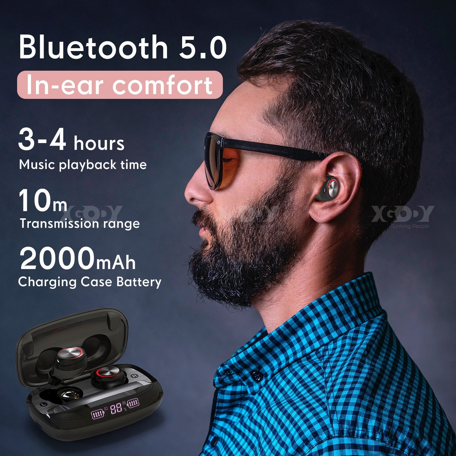 Xgody H02 TWS Wireless Earbuds with IPX7 Waterproof Rating - Bluetooth 5.0 Headphones for Running, Swimming & Workout - Noise Cancelling in-Ear Earphones for Sports & Gym