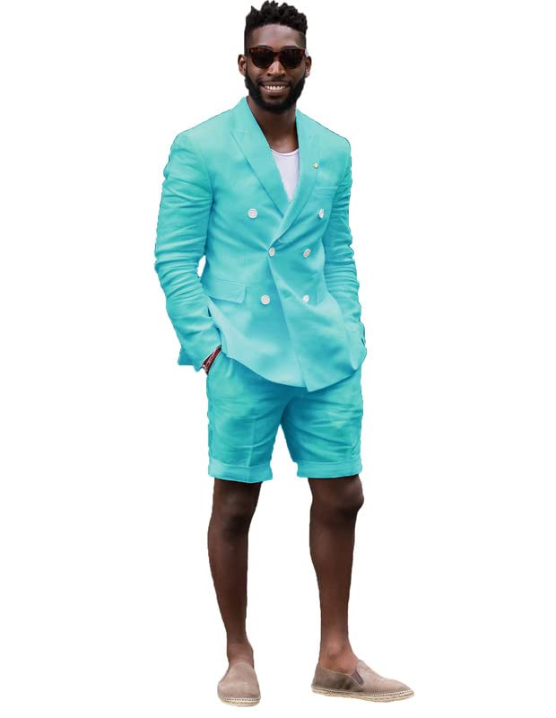 Men's Double Breasted Linen Suit Set with Shorts - 2 Piece Summer Beach Wedding Suit for Men | Lightweight Breathable Formal & Casual Outfit | Perfect for Beach Weddings, Vacations & Outdoor Events (Style JXZ014)