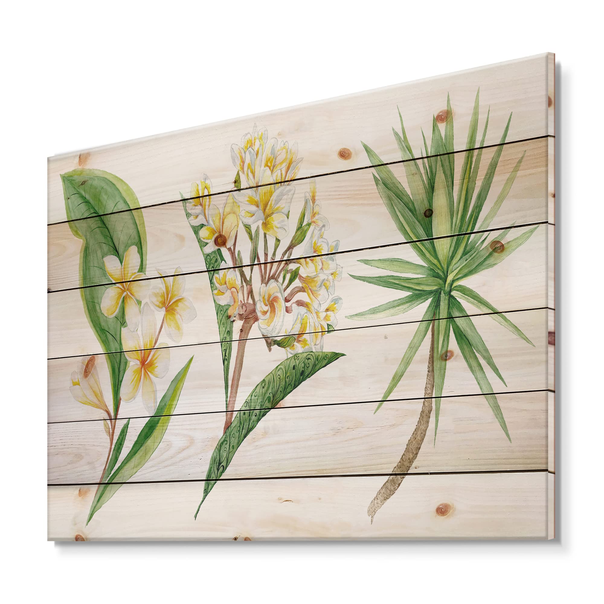 Tropical Foliage & Yellow Flowers XII - Traditional Wood Wall Art Decor | Large Floral Pine Wood Panel | Handmade Natural Wood Wall Hanging for Living Room, Bedroom & Office Decor