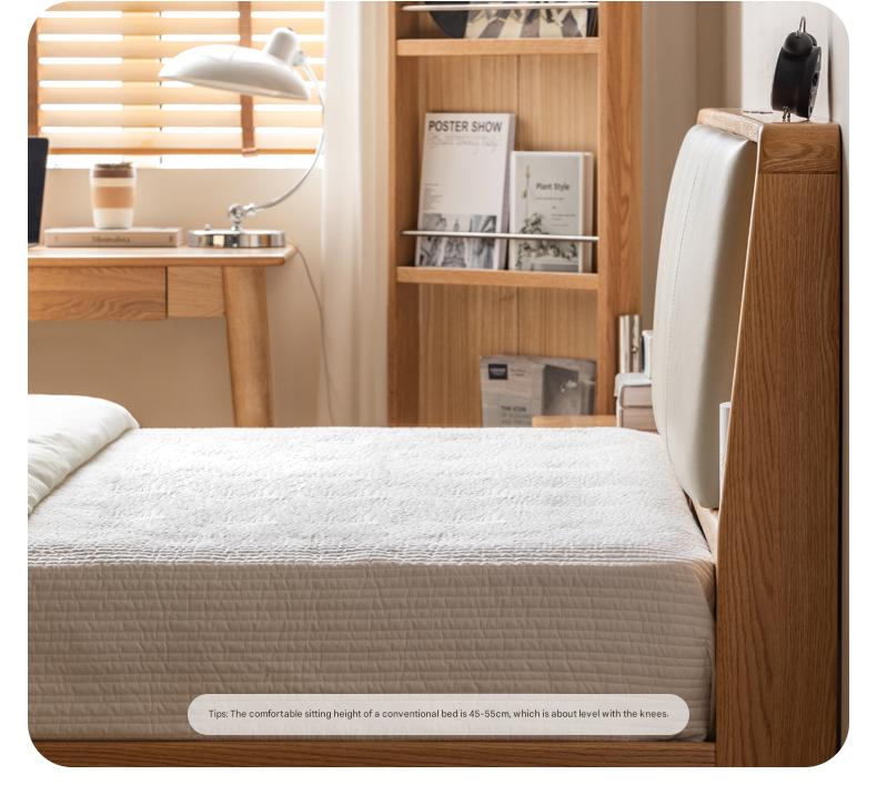 Solid Oak Wood Leather & Fabric Luminous Bed with Shelf - Modern Platform Bed Frame with Storage for Bedroom, Guest Room, or Dorm