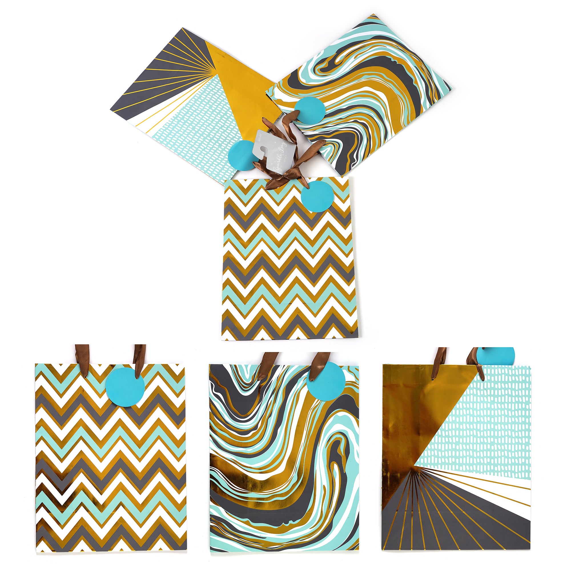 3 Pack Large Chevron Geo Marble Gift Bags in Aqua, Gold & Grey - Perfect for Birthday Parties, Baby Showers & Wedding Favors