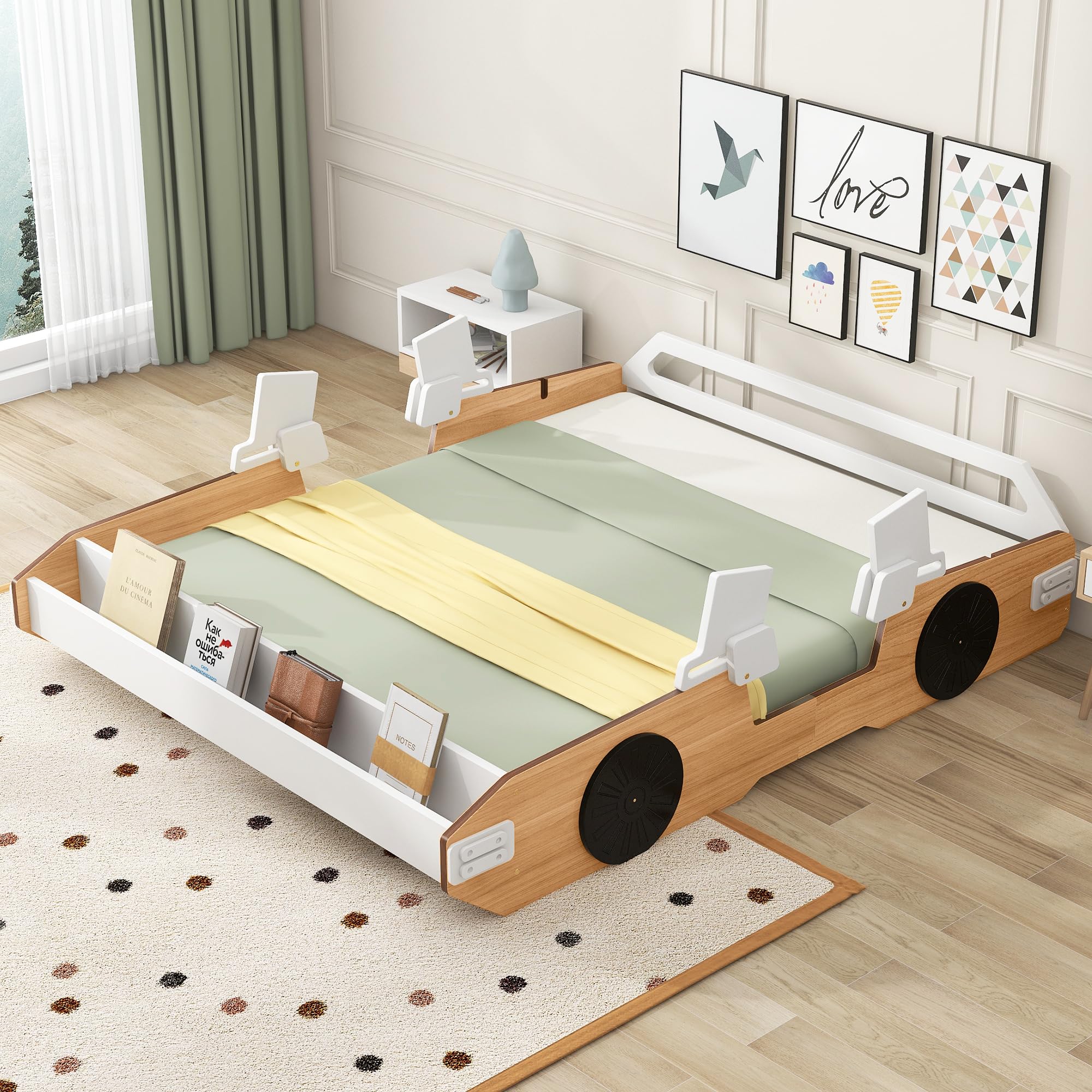 Bellemave Full Size Wooden Race Car Bed with Door Design & Storage Shelves - Kids Platform Bed for Boys and Girls - Perfect for Bedrooms, Playrooms, and Themed Decor (Natural Finish)