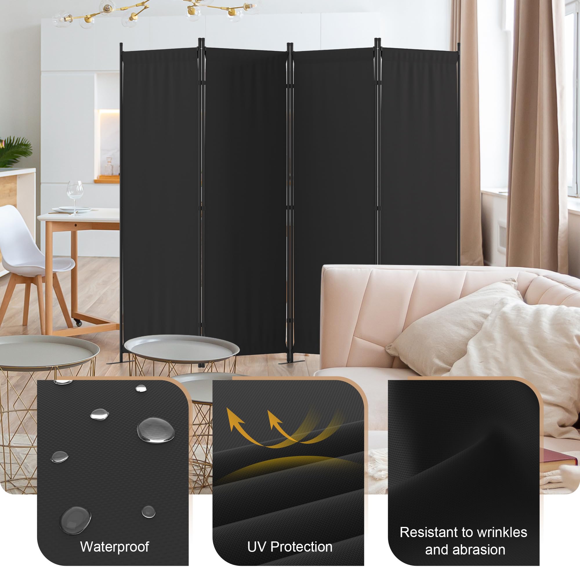 4 Panel Room Divider - 6FT Folding Privacy Screen with 3 Metal Feet | Portable Partition Wall for Office, Kitchen, Nursery & Dressing Room | Space Separator for Home, Events and Temporary Walls