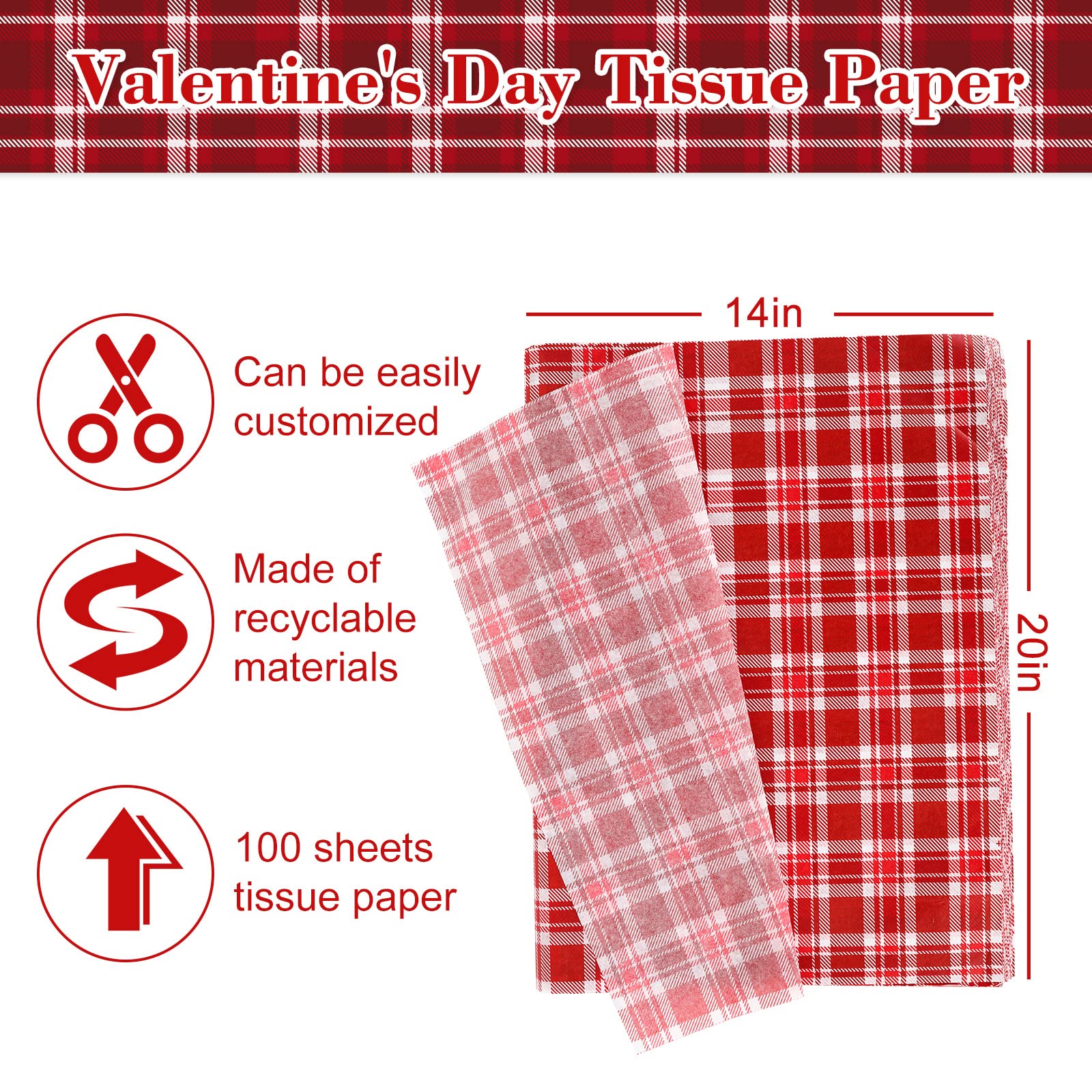 Whaline 100 Sheets Christmas Plaid Tissue Wrapping Paper - Red & White Buffalo Check Gift Wrap for DIY Bags, Party Favors, Home Decor (14x20 Inch) | Perfect for Holidays, Valentine's Day, Birthdays & Craft Projects