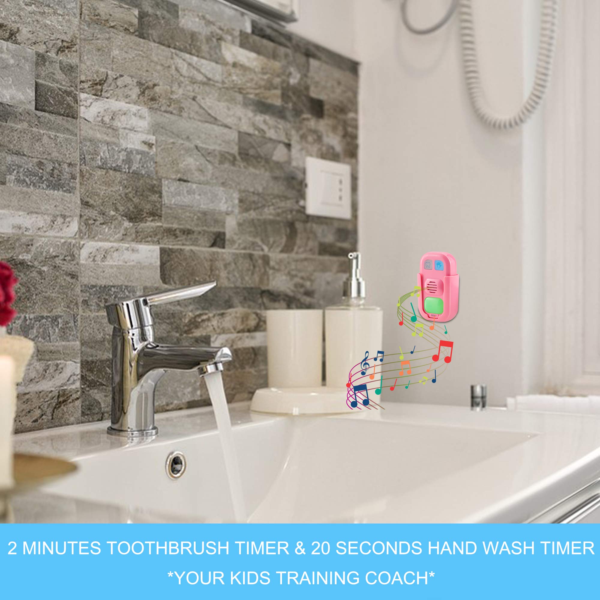 BIGMONAT Kids Hand Washing & Teeth Brushing Timer - Musical Bathroom Training Coach with 12 Songs, Adjustable Volume, Stick-On Design (Pink) - Perfect for Toddler Hygiene Routines & Bathroom Learning