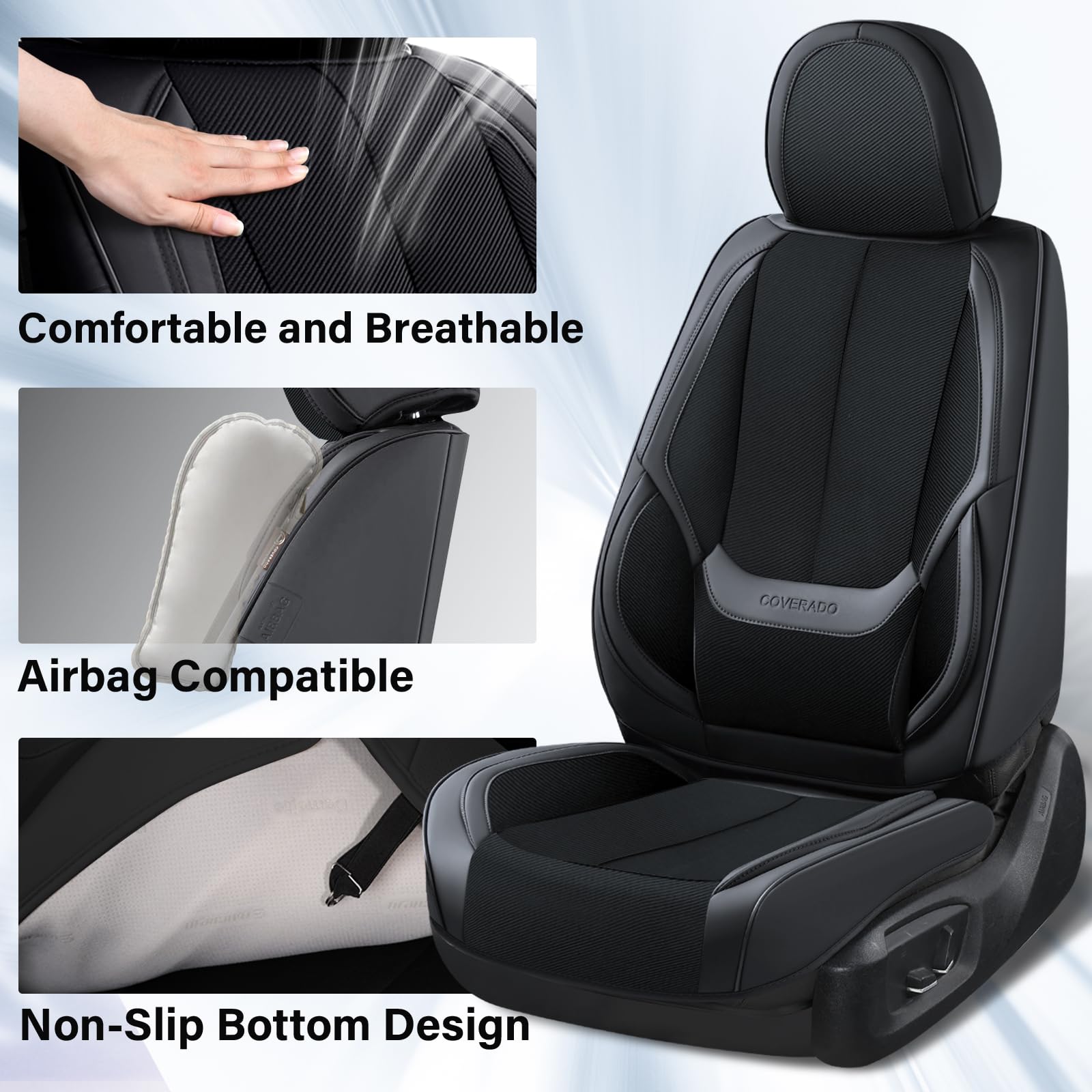 Coverado Universal Front Seat Covers (2-Piece Set) - Breathable Fabric & Leather Car Seat Protectors for Sedans, SUVs & Trucks - Premium Auto Accessories for Comfort & Protection - Perfect for Daily Commute, Road Trips & Family Travel - Black