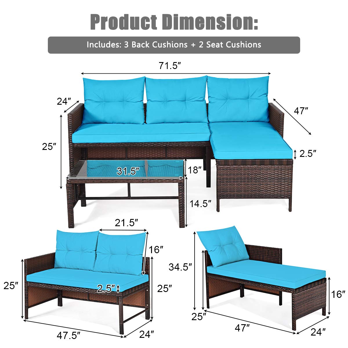 All-Weather Moccha Patio Furniture Set - 5-Piece Outdoor Sectional Sofa with Lounge Chaise, Loveseat & Coffee Table - Durable Rattan Wicker Couch with Washable Cushions - Turquoise Garden, Backyard, Lawn & Poolside Furniture for Relaxation