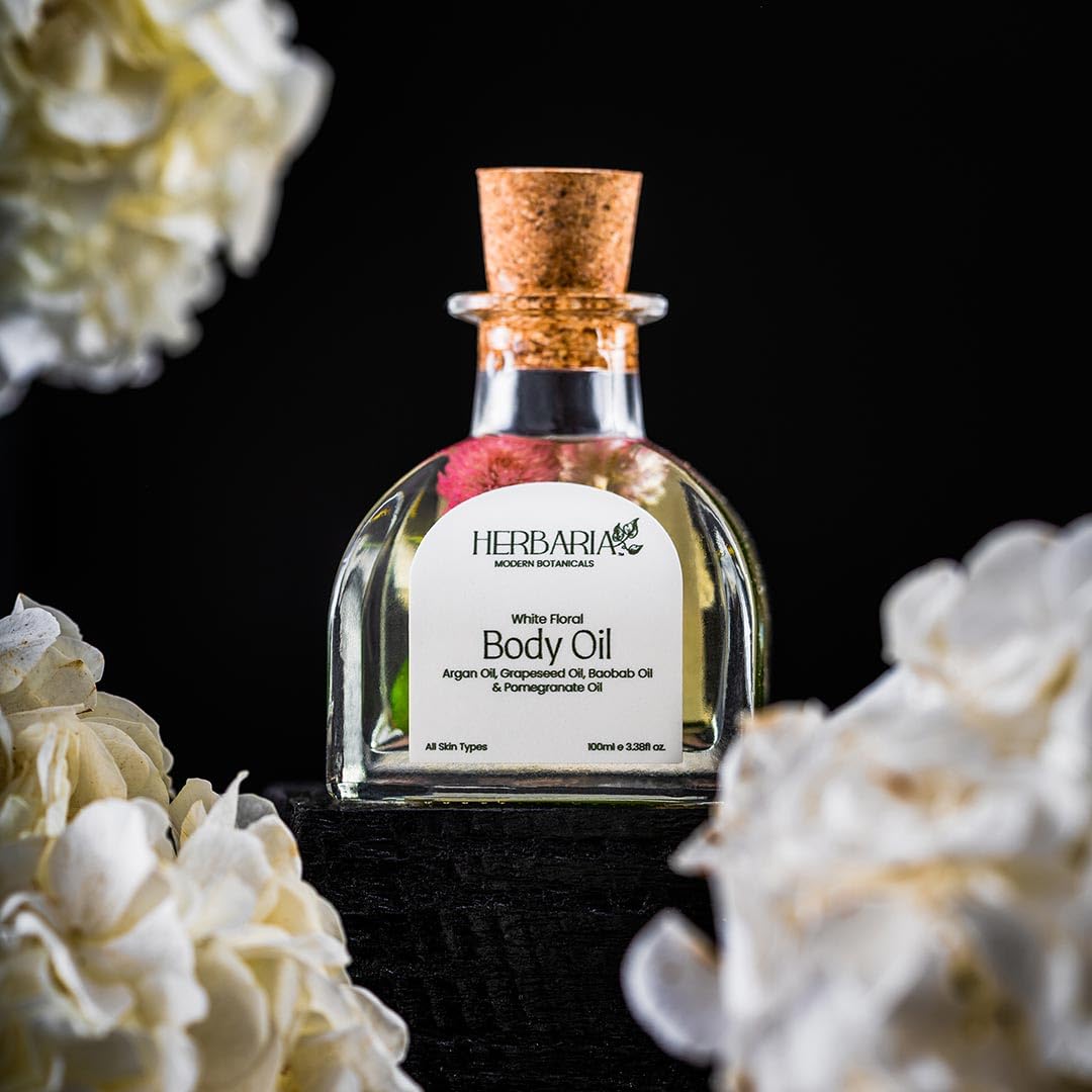 Herbaria White Floral Body Oil - 100ml Jar with 200ml Refill Pack | 100% Vegan Luxury Moisturizer with Grapeseed, Pomegranate, Avocado, Argan & Baobab Oils | All-Season Hydration for Dry Skin, Massage & Aromatherapy | Perfect for Spa Days & Self-Care Rituals