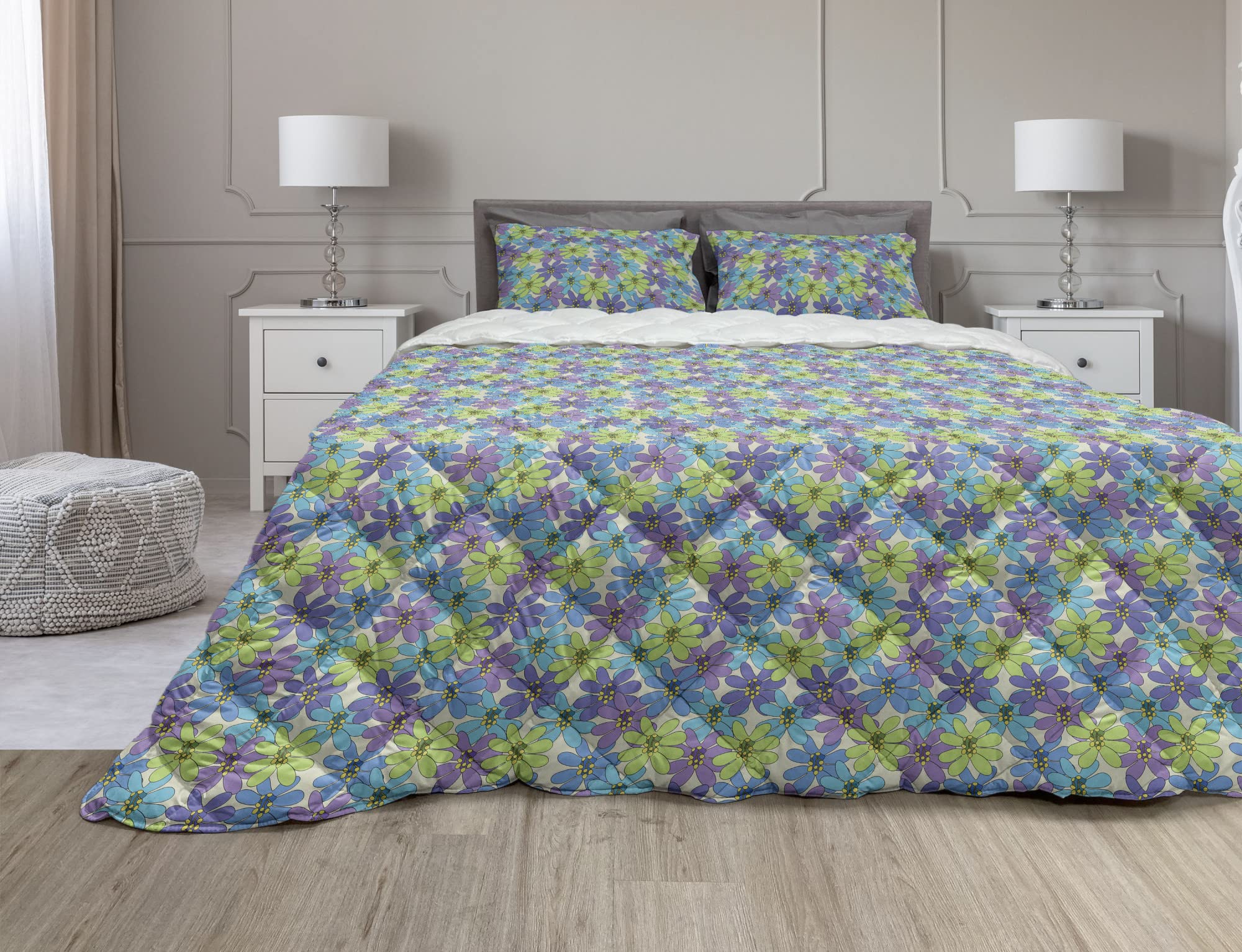 Ambesonne Spring Comforter & Sham Bedding Set - Pastel Cartoon Aster Petals with Nature Leaves Doodle Pattern, 2-Piece Microfiber Duvet Set (Twin Size, Blue Violet Lime Green) for Cozy Bedroom Decor & Seasonal Refresh