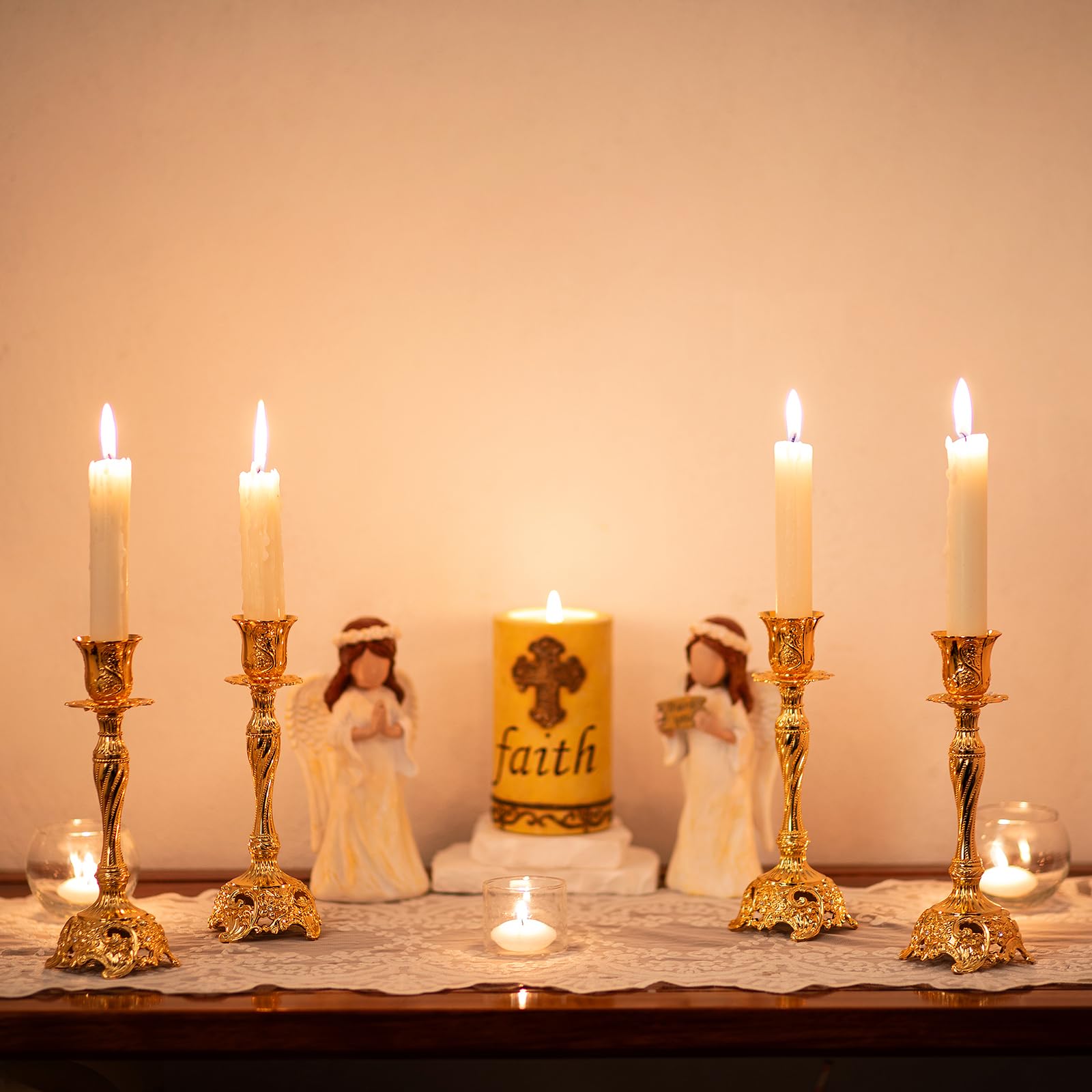 Luxury Gold Candlestick Holders Set of 2 - Elegant Taper Candle Holders for Wedding, Christmas, Shabbat & Home Decor - 7.4 Inch Tall Candle Centerpiece for Dining Table, Mantel & Holiday Decorations