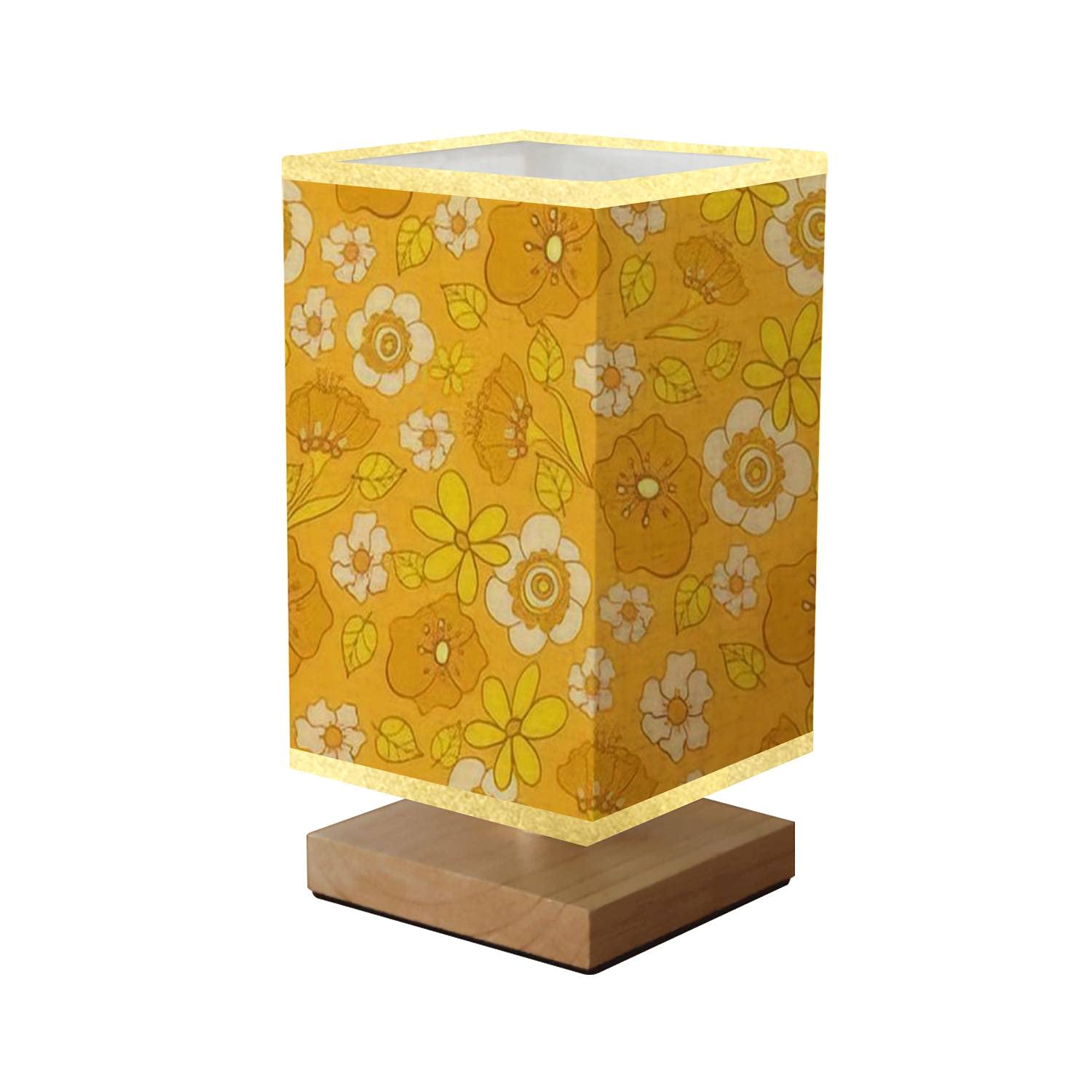 Vintage 70s Style Square Bedside Table Lamp with Wooden Base & Flaxen Fabric Shade - Dimmable Flower Pattern Desk Lamp for Bedroom & Living Room (5.5x10 Inches) - Perfect for Reading, Relaxing & Creating Cozy Atmosphere