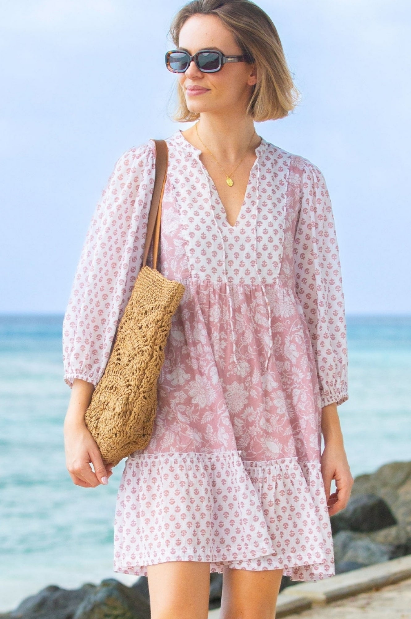 Marina Organic Cotton Print Mix Dress - Blossom Floral Design in Dusty Pink & White | Perfect for Summer Outings, Beach Vacations & Casual Wear