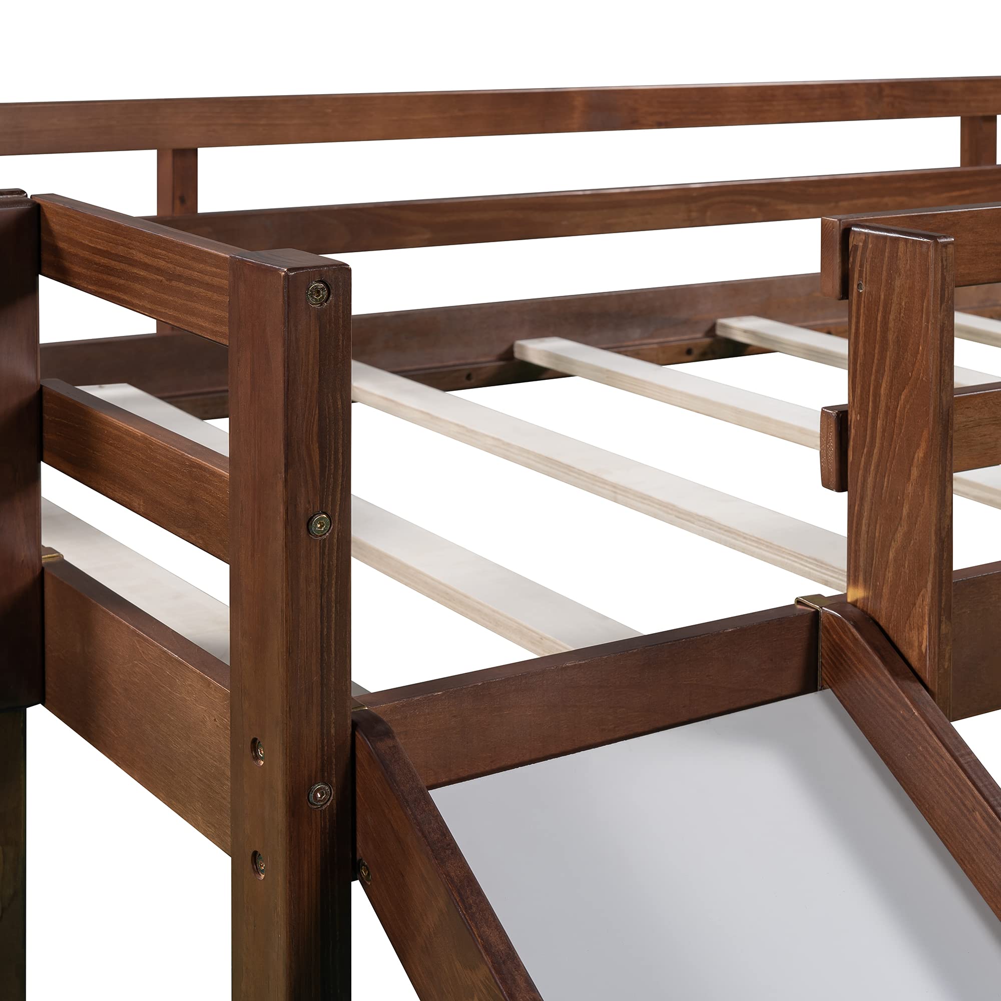 Twin Size Loft Bed with Slide - Wooden Low Loft Bed Frame with Chalkboard & Storage Space Under Bed for Kids - Perfect for Small Bedrooms, Playrooms & Dorm Rooms (Walnut, Twin)