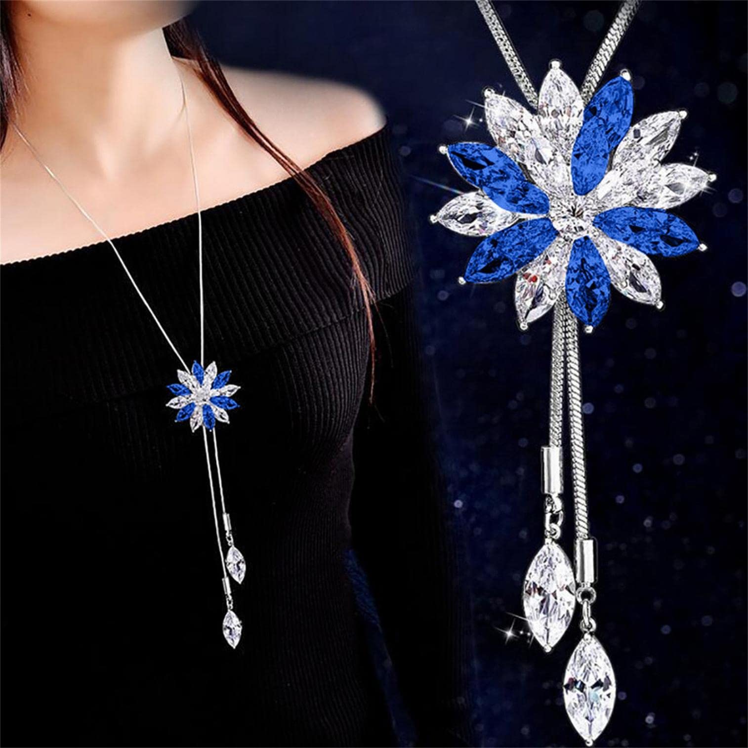 TWFERR Snowflake Crystal Pendant Necklace for Women - Long Personalized Chain with Blue Crystals, Elegant Fashion Jewelry Gift for Wife, Girlfriend, Friends | Perfect for Christmas, Birthday, Anniversary & Special Occasions