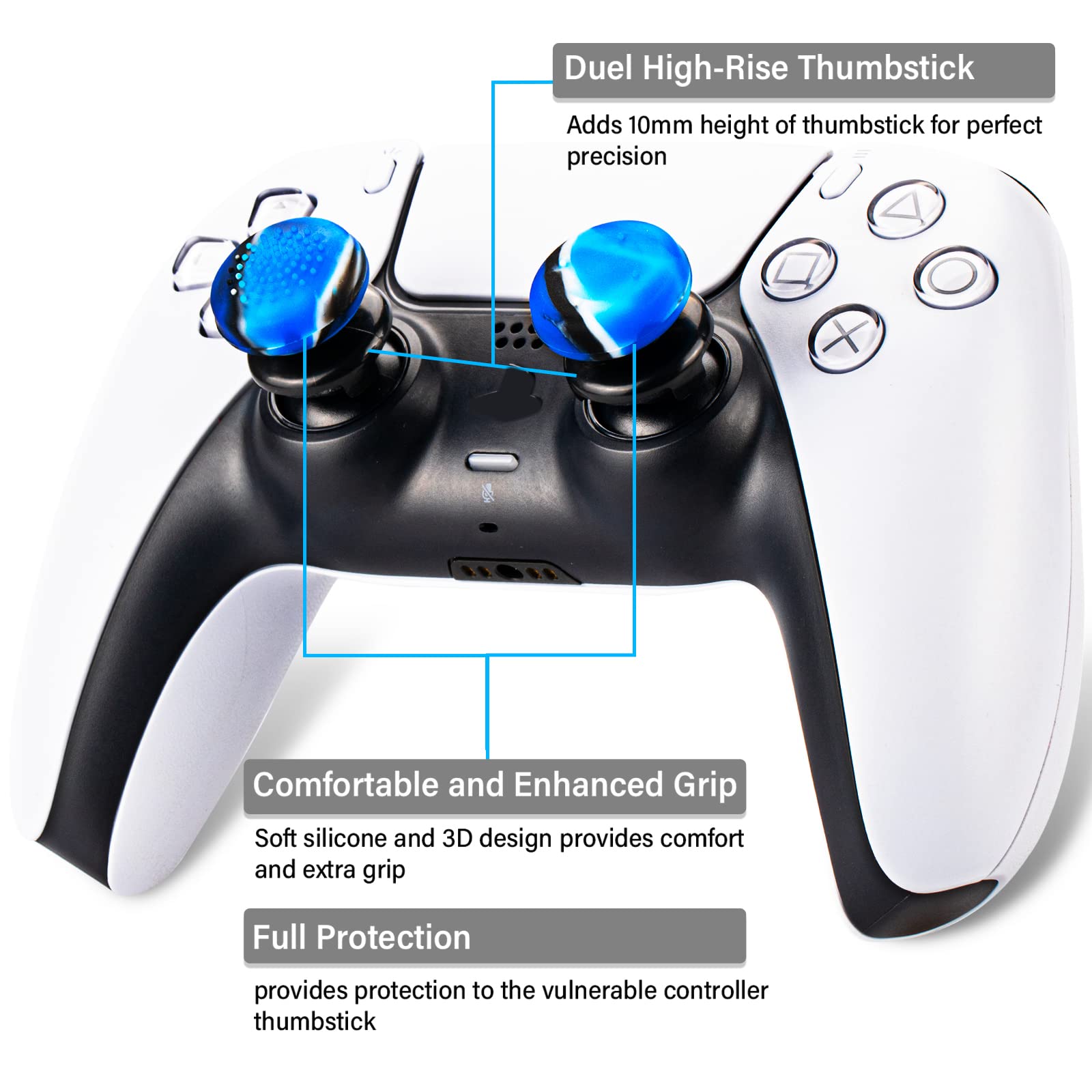 Playrealm FPS Thumbstick Extender & 3D Textured Silicone Grip Cover - 4 Thumb Grips for PS5 DualSense & PS4 Controller (Camouflage Red+Blue) - Enhance Gaming Precision for FPS, Racing & Action Games
