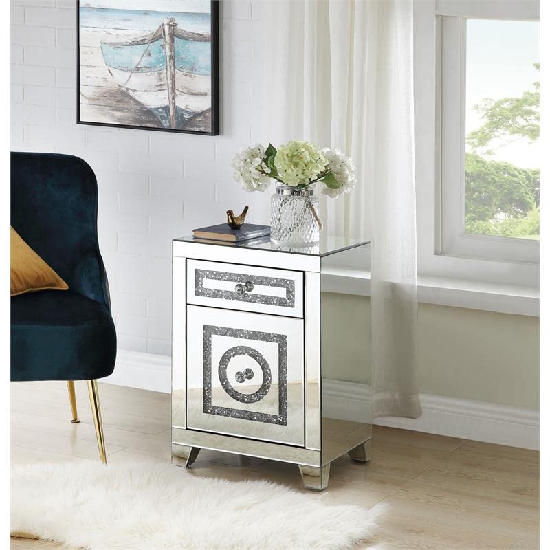 Acme Noralie Glass Accent Table with 2 Drawers - Elegant Mirrored Finish & Faux Diamond Decor | Perfect for Living Room, Bedroom, or Entryway Decor