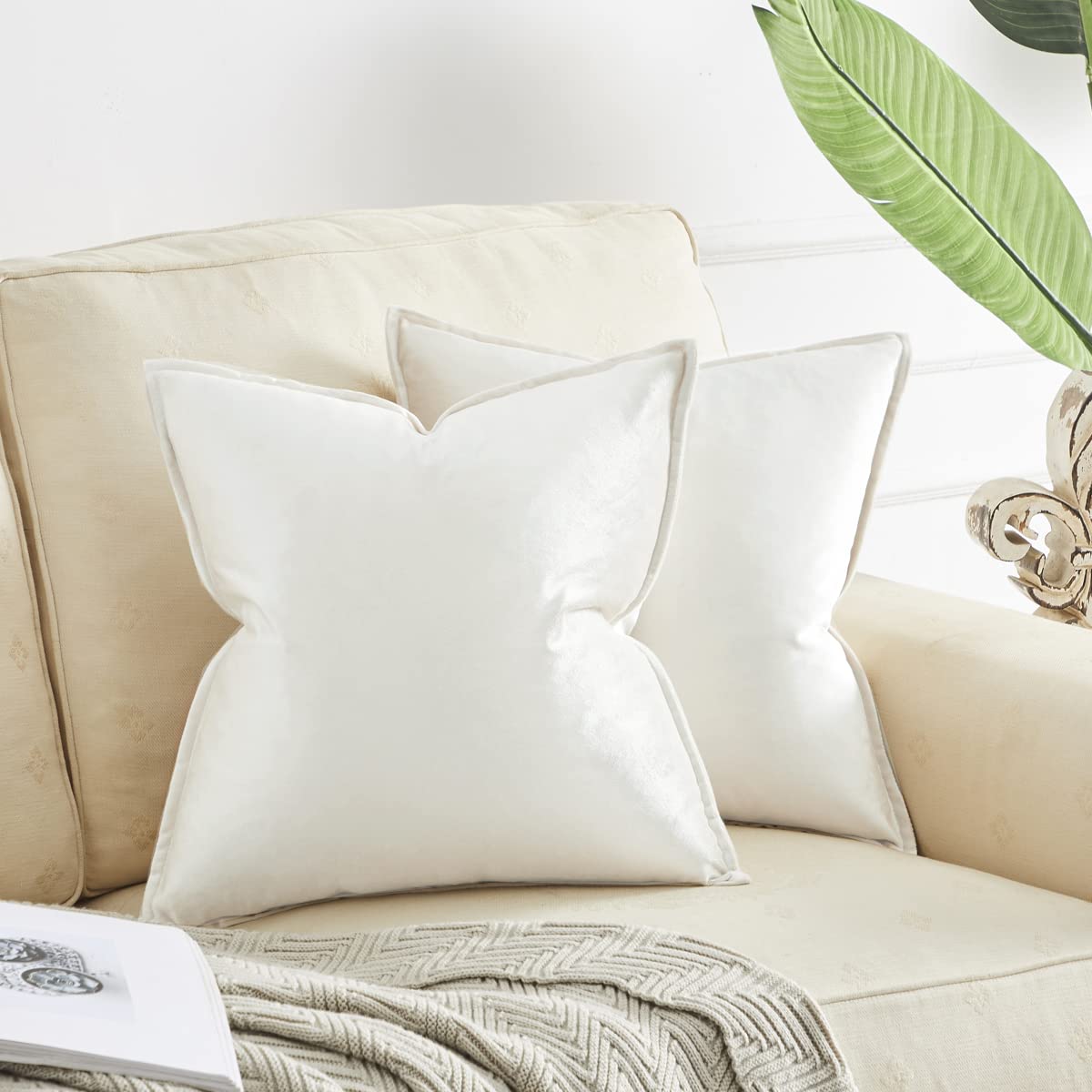 GIGIZAZA Velvet Decorative Throw Pillow Covers 22x22 Inches - Peacock White Ivory Square Couch Sofa Pillow Covers Set of 2 - Perfect for Living Room, Bedroom & Home Decor