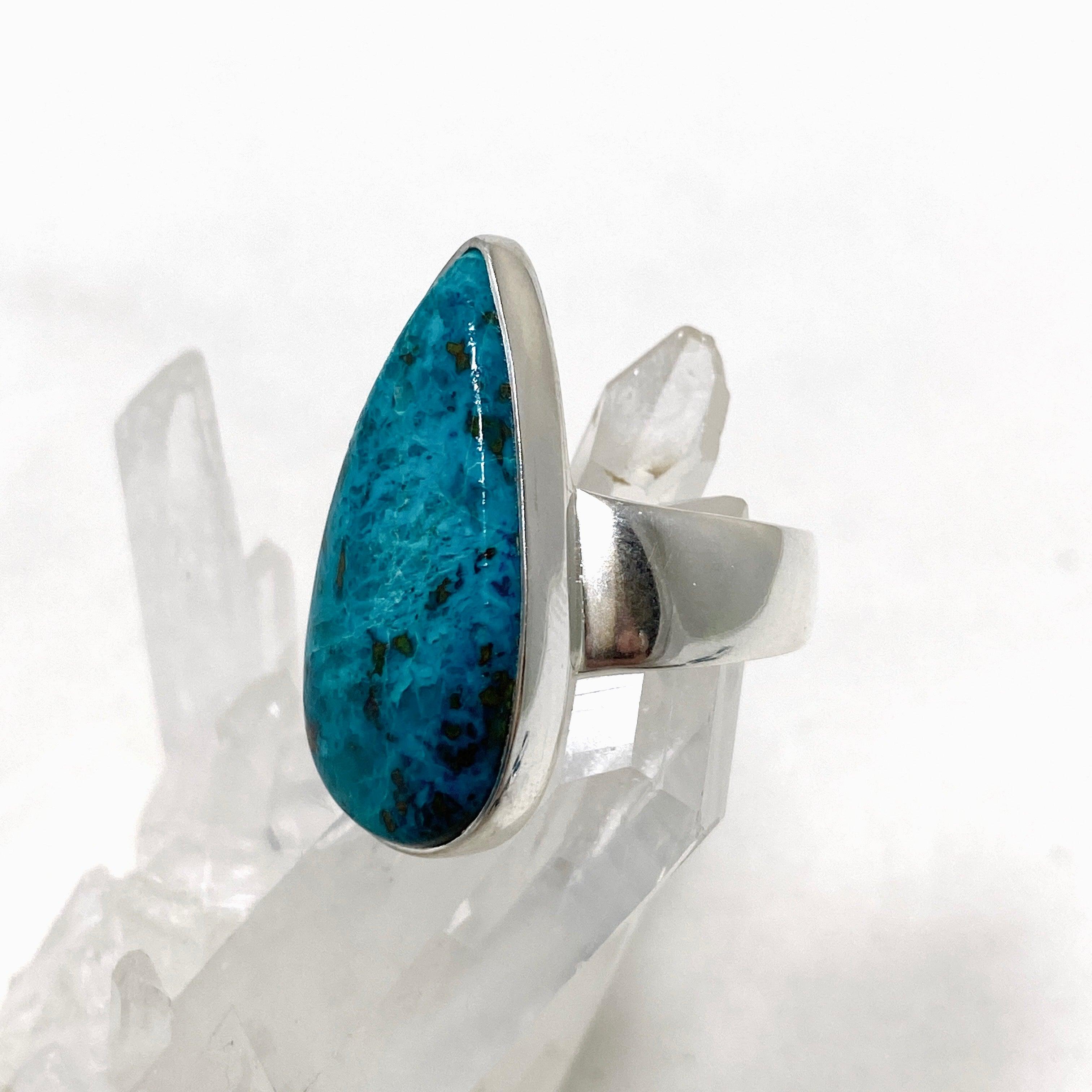Chrysocolla and Shattuckite Teardrop Ring - Size 10 Sterling Silver Jewelry KRGJ3223 | Healing Crystal Ring for Meditation, Spiritual Gifts & Boho Fashion