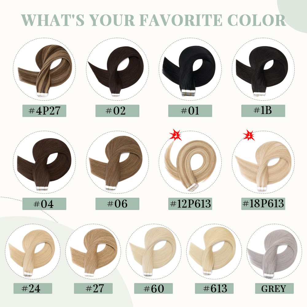 Premium 20pcs Tape-in Hair Extensions - 100% Remy Human Hair - 12