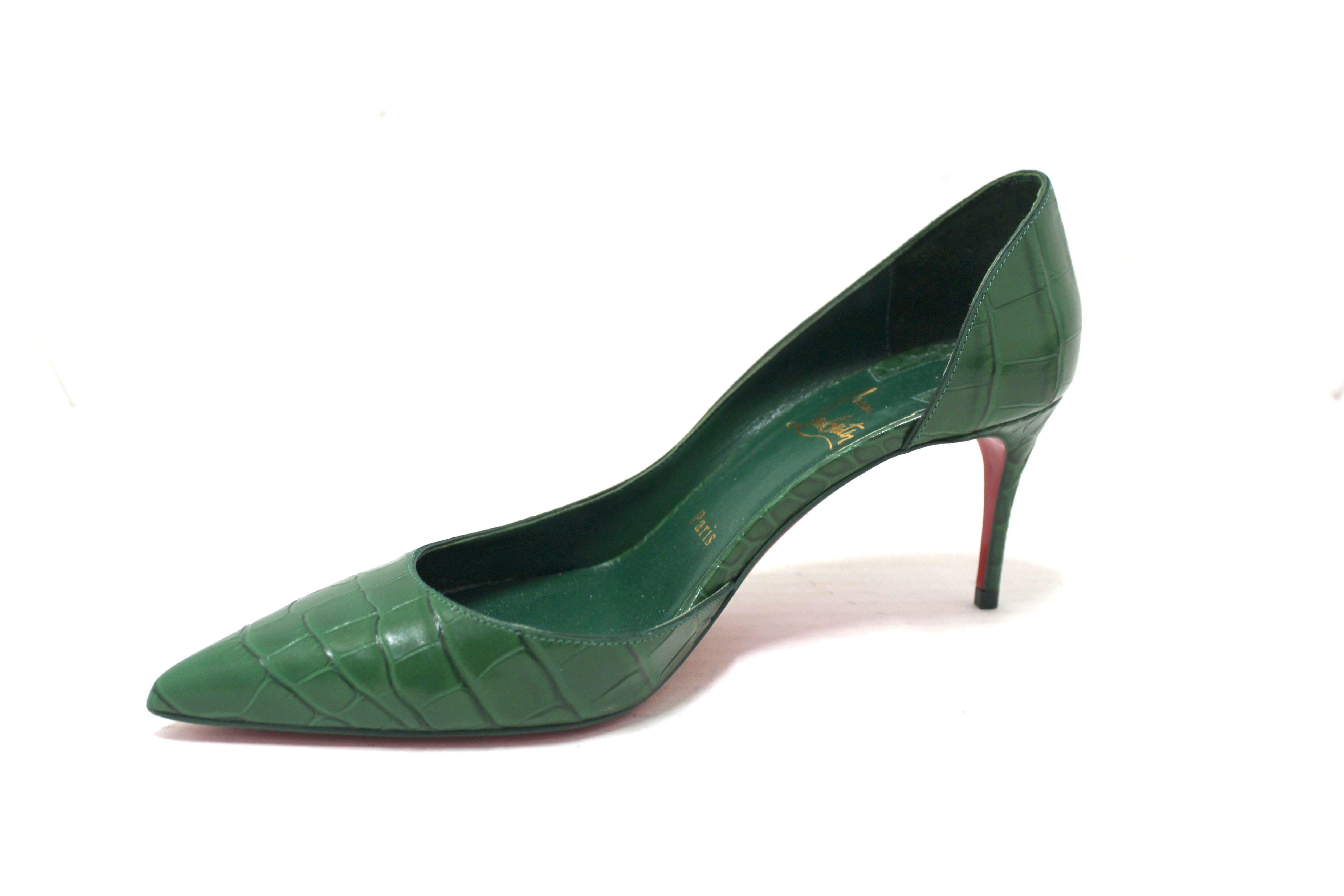 Authentic Christian Louboutin Green Crocodile Leather Pointed Toe Stiletto Heels Women's Size 38.5 - Luxury High Heels for Parties, Weddings & Special Occasions
